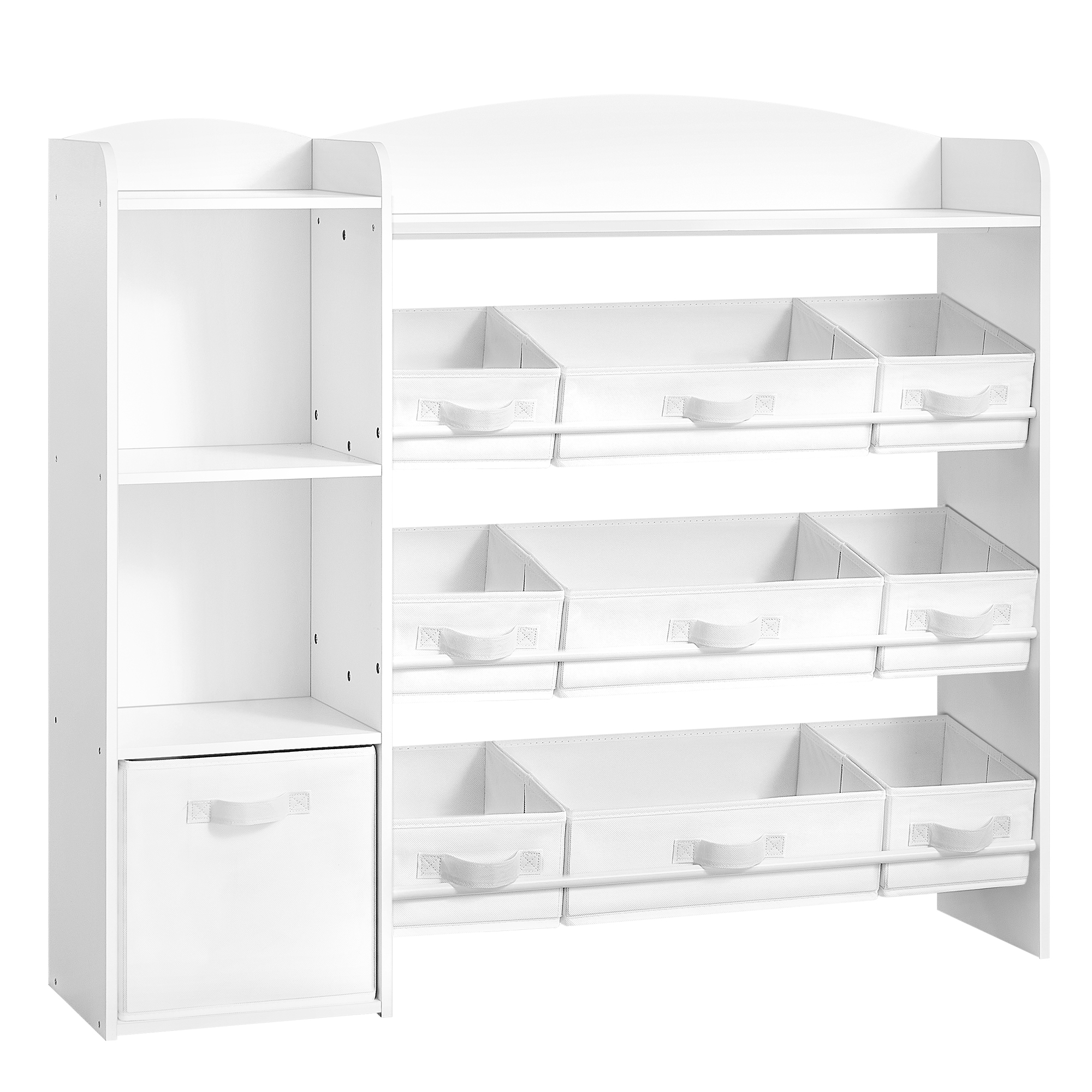 SONGMICS Estantería para Juguetes Infantiles, Estilo Montessori, 2 Compartimentos Abiertos, 9 Cestas, 1 Cajón, para Habitación Infantil, 30 x 113,1 x 104 cm, Blanco Nube