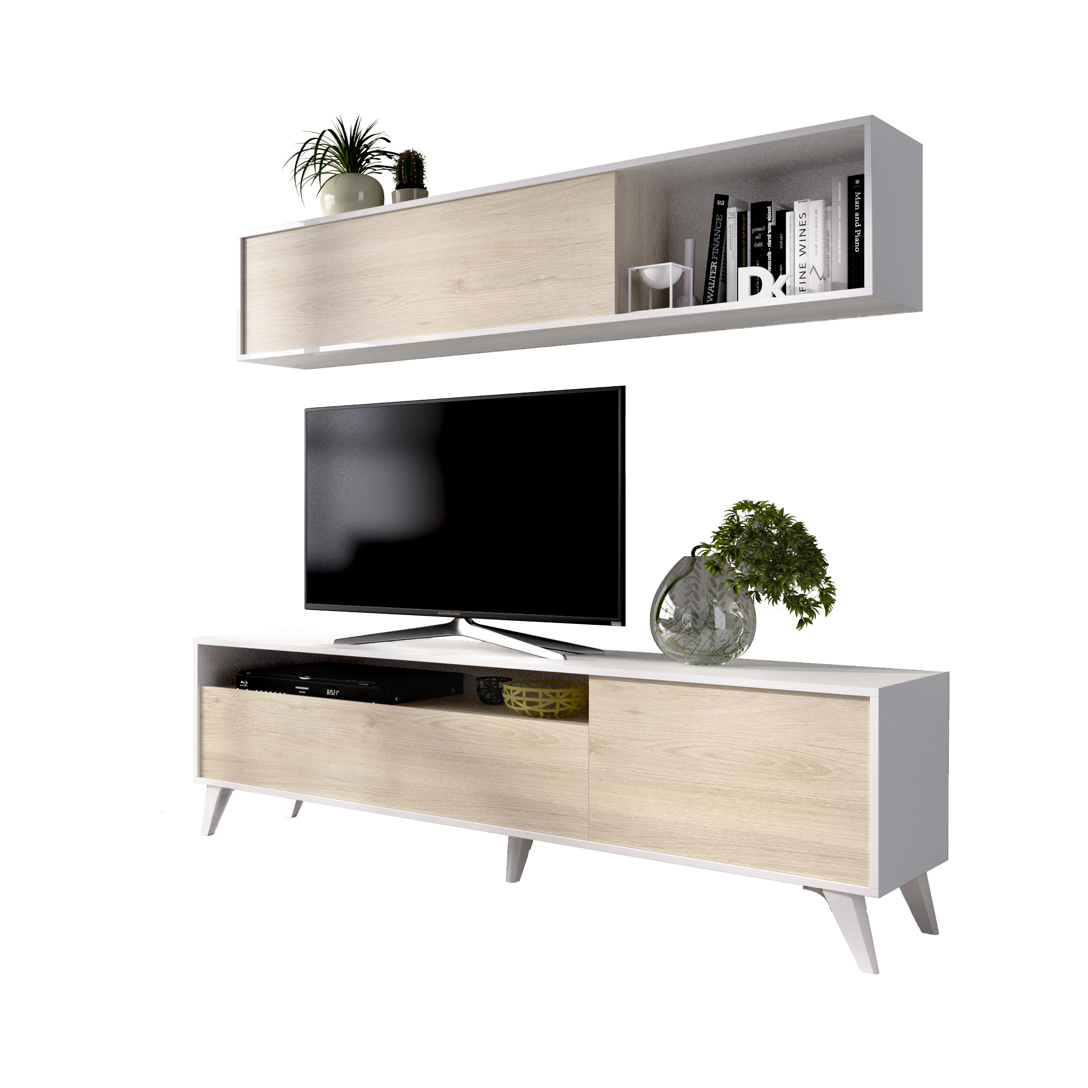DEKIT GRUPO RIMOBEL BONN - MUEBLE DE SALON COMPACTO TV BONN - 180 X 180 X 41 CM - BLANCO / NATURAL