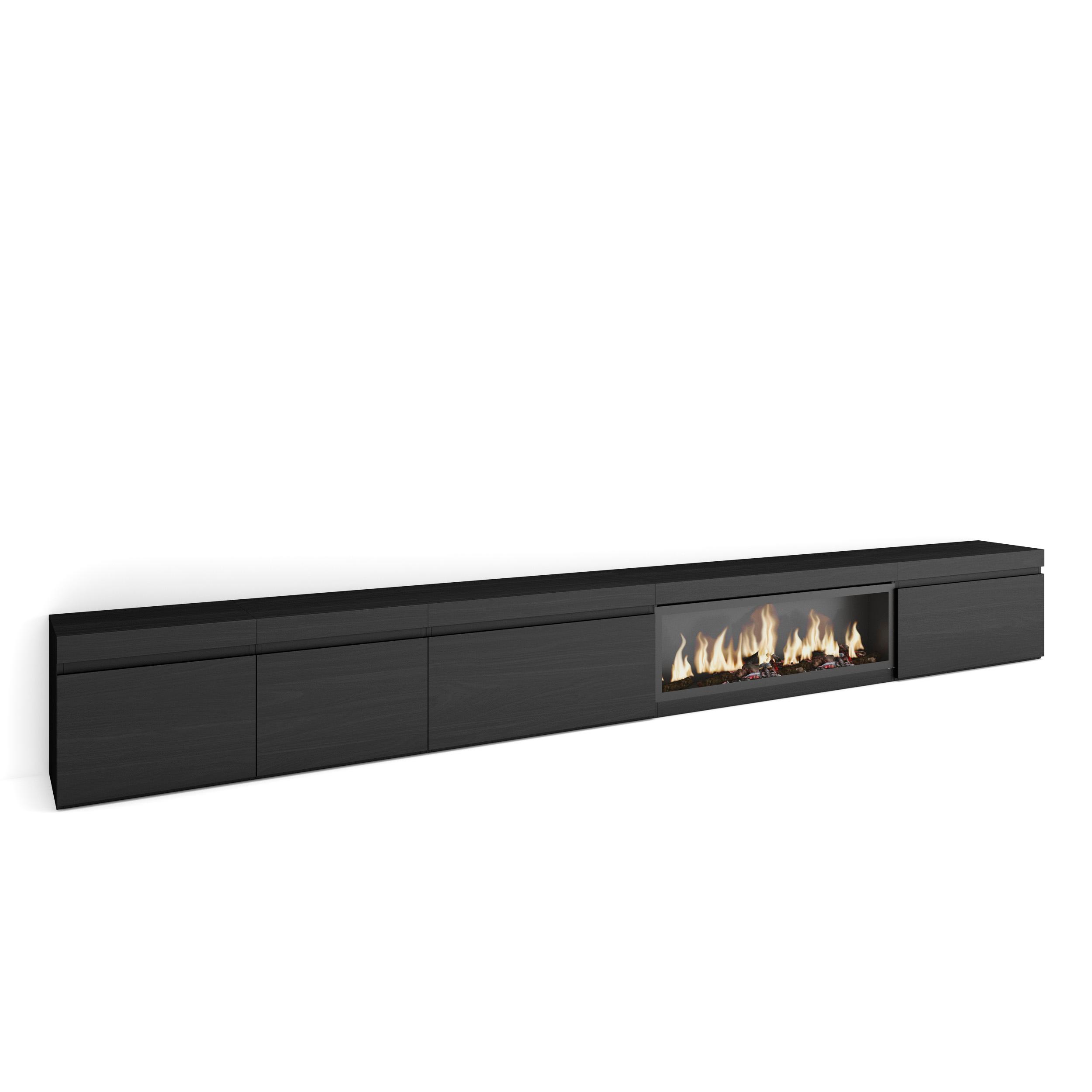 Skraut Home, Mueble TV, Televisión, Mueble de salón, almacenaje adicional, 368x35x45cm, Chimenea eléctrica XXL efecto fuego 3d, color Negro