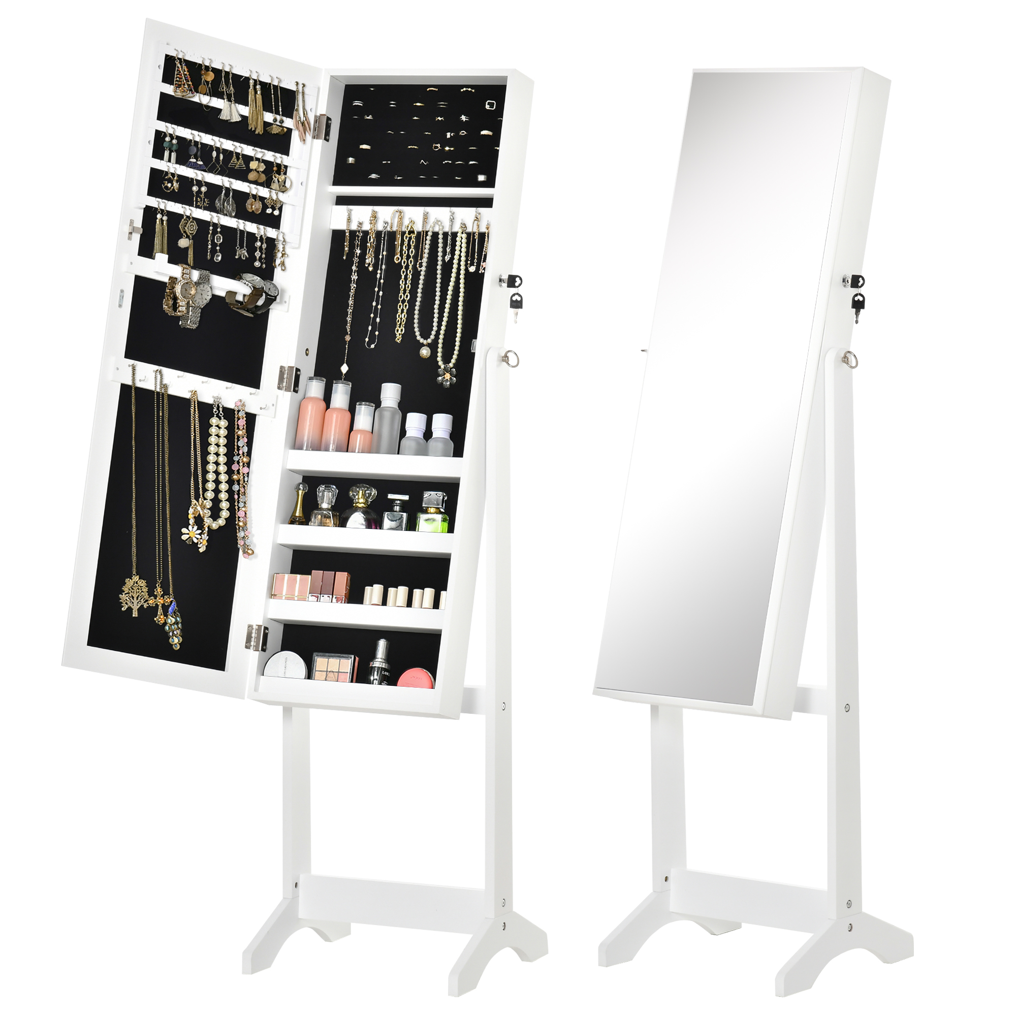 HOMCOM Espejo Joyero de Pie Armario de Joyería con 3 Ángulos Ajustables Cerradura Magnética Organizador de Joyas con Estantes Ranuras para Pendientes Anillos Collares Blanco y Forro Negro