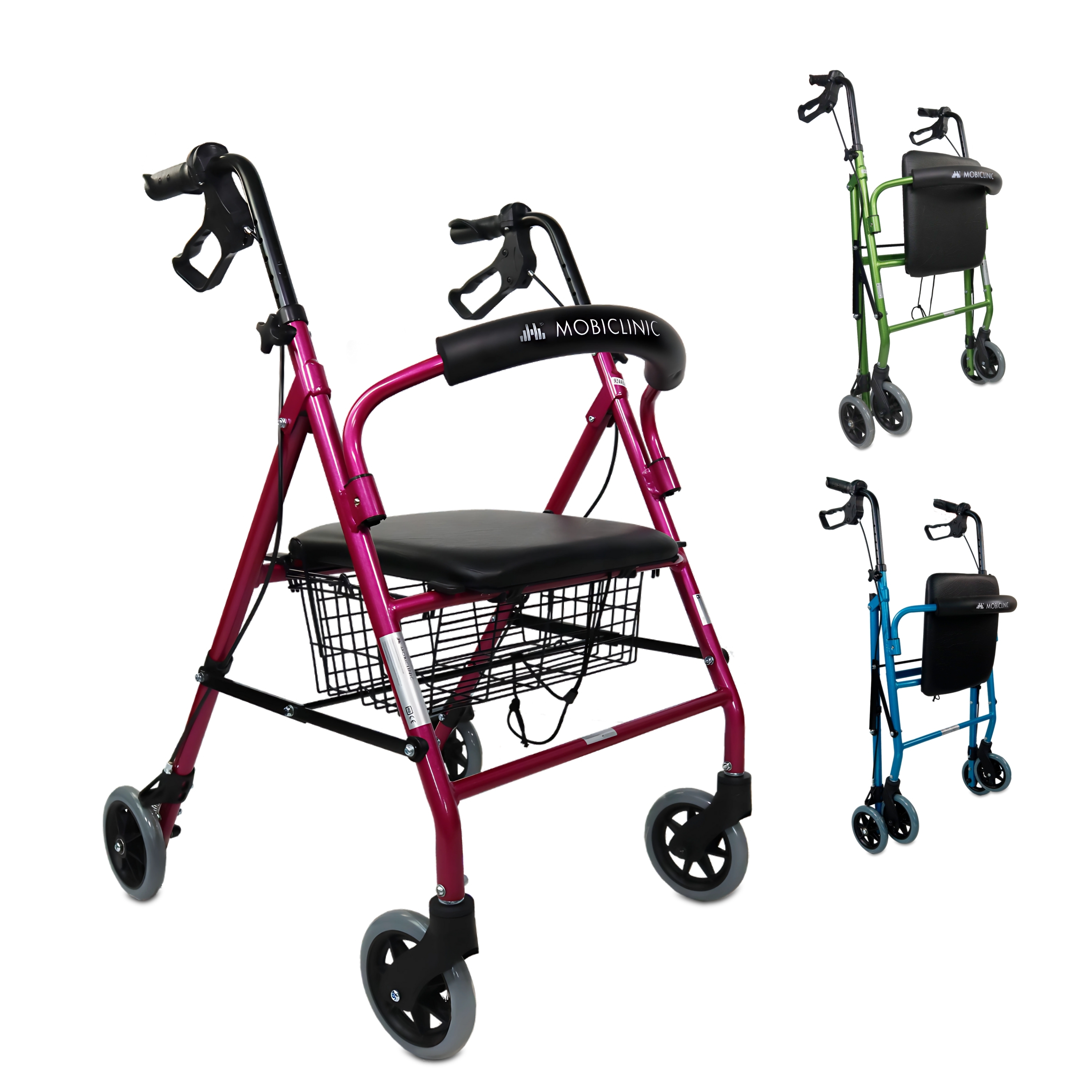Mobiclinic® Andador para ancianos Escorial Plegable Frenos manuales y bloqueables Aluminio Con cesta Ligero y resistente Con asiento y 4 ruedas Burdeos