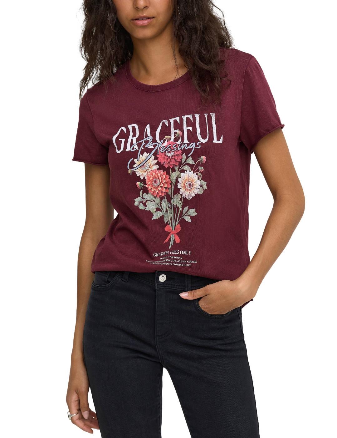 Camiseta Only Lucy granate flores manga corta para mujer