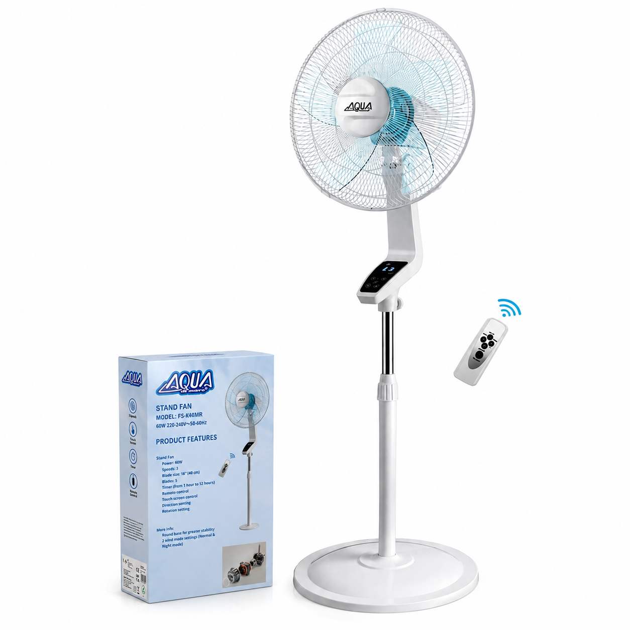 Ventilador de Pie AQUA di Mare FS-K40MR 60W 40 cm con Mando a Distancia, Pantalla Táctil, Temporizador 1-12 h, Oscilación Automática, 3 Velocidades, Silencioso, Altura Regulable, Ventilador de Suelo para Hogar y Oficina