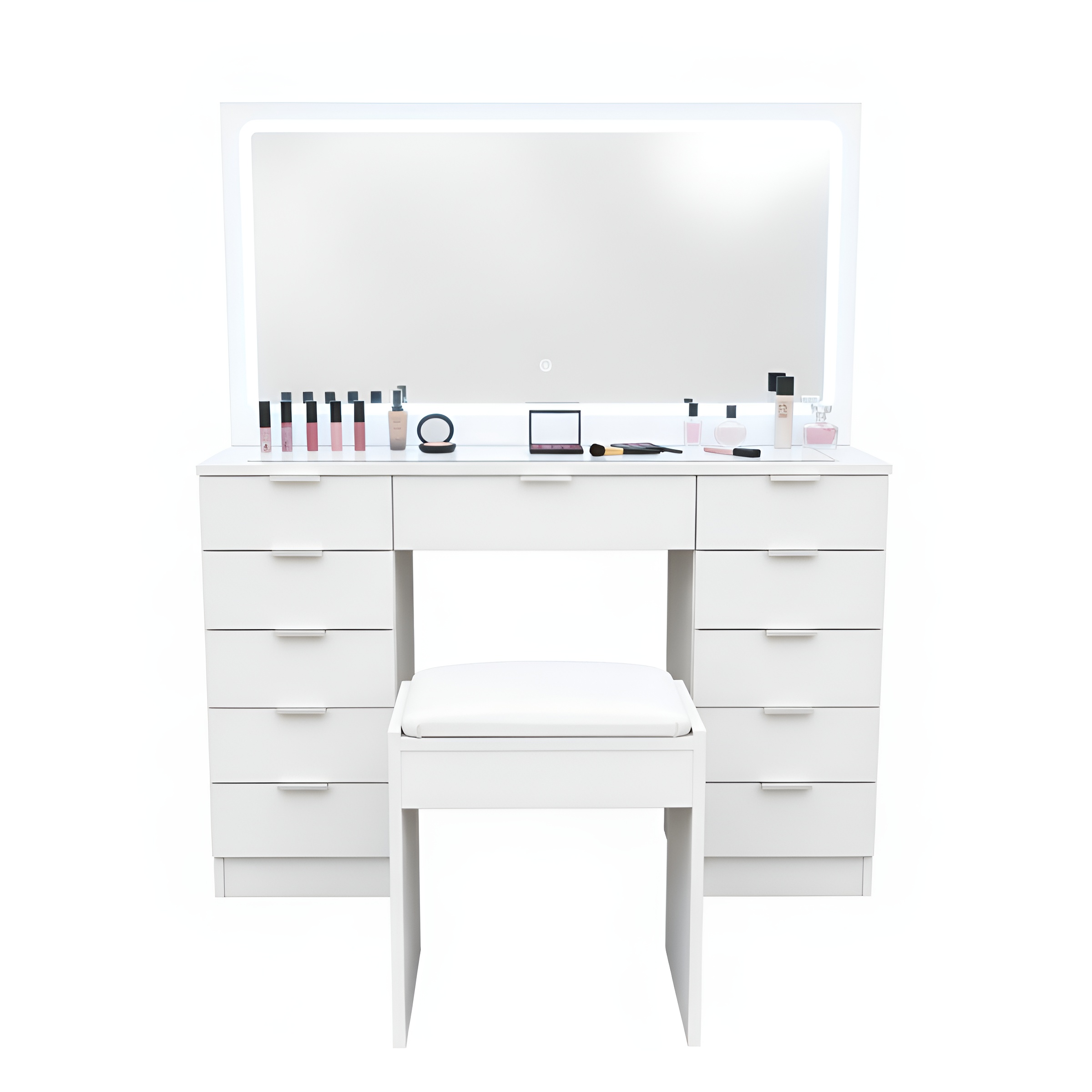 Tocador Maquille con espejo LED 110x40x135 cm | 11 cajones, encimera de cristal templado | Luz regulable en 3 tonos | Taburete acolchado | Sistema antivuelco | Diseño moderno ideal para dormitorio | Vestidor o estudio de maquillaje