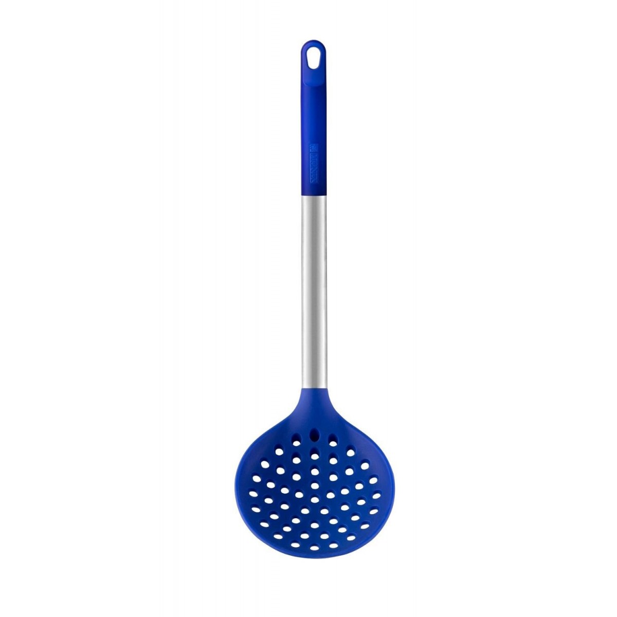 Monix Solid+ - Utensilios de cocina resistentes al calor en color azul. Espátula, rasera, cazo, cuchara, pinzas y espumadera