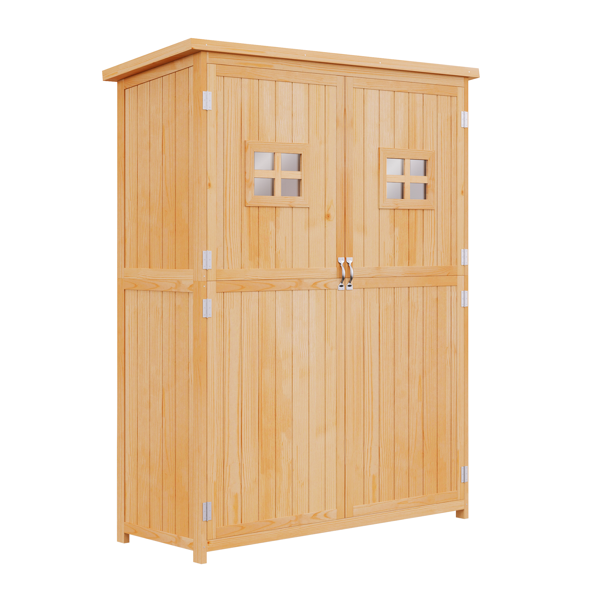 Outsunny Cobertizo de Madera Caseta Exterior Armario Herramientas de Jardinería Doble Puertas Techo Impermeable Compartimientos de Diferentes Tamaños 127,5x50x164cm Madera Maciza