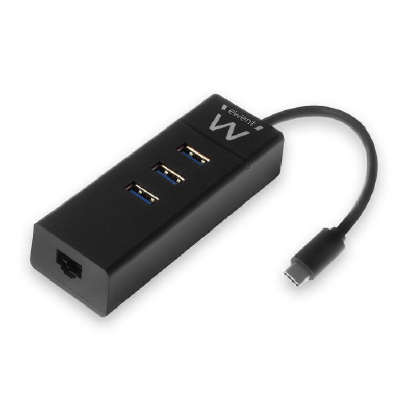Ewent Hub 3 puertos USB 3.2 Gen1 (USB 3.0) tipo C con puerto de red Gigabit
