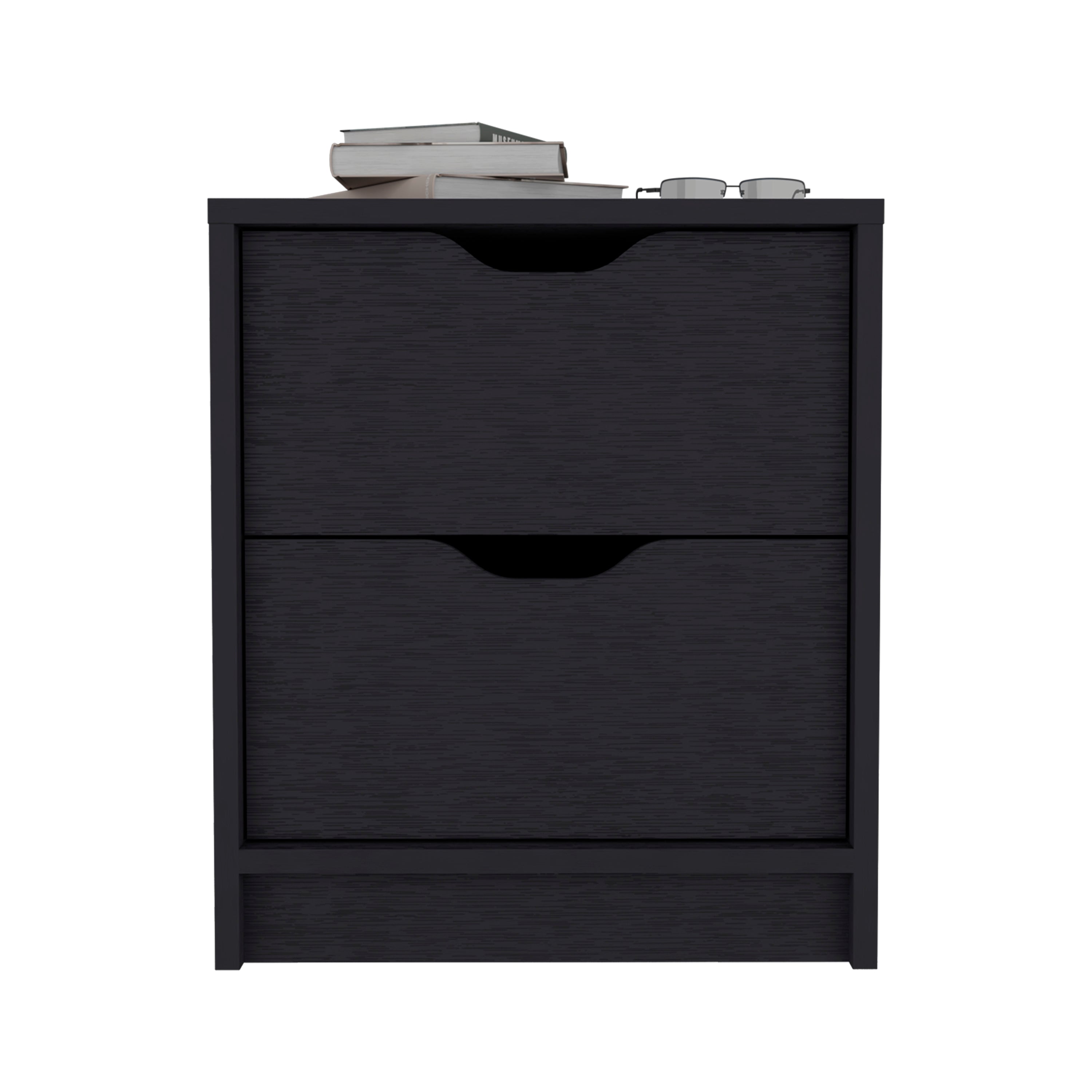 Mesita de noche Basilea en melamina con 2 cajones de rieles metalicos , negro , 48 cm  X 41 cm  X 36.3 cm