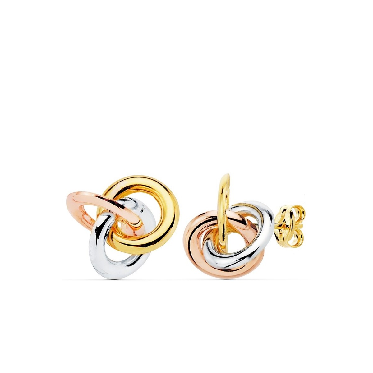 Pendientes oro 18k tricolor nudos 14mm. brillo cierre presión mujer