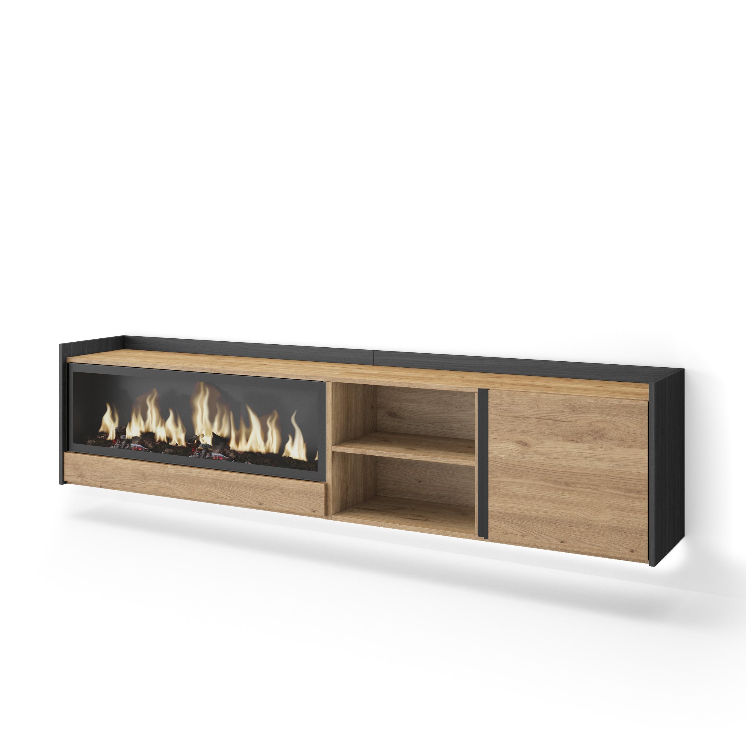 Mueble TV, Televisión, 212x35x50cm, Para TV hasta 80", Chimenea eléctrica XXL, Colgado, Suspendido, LED