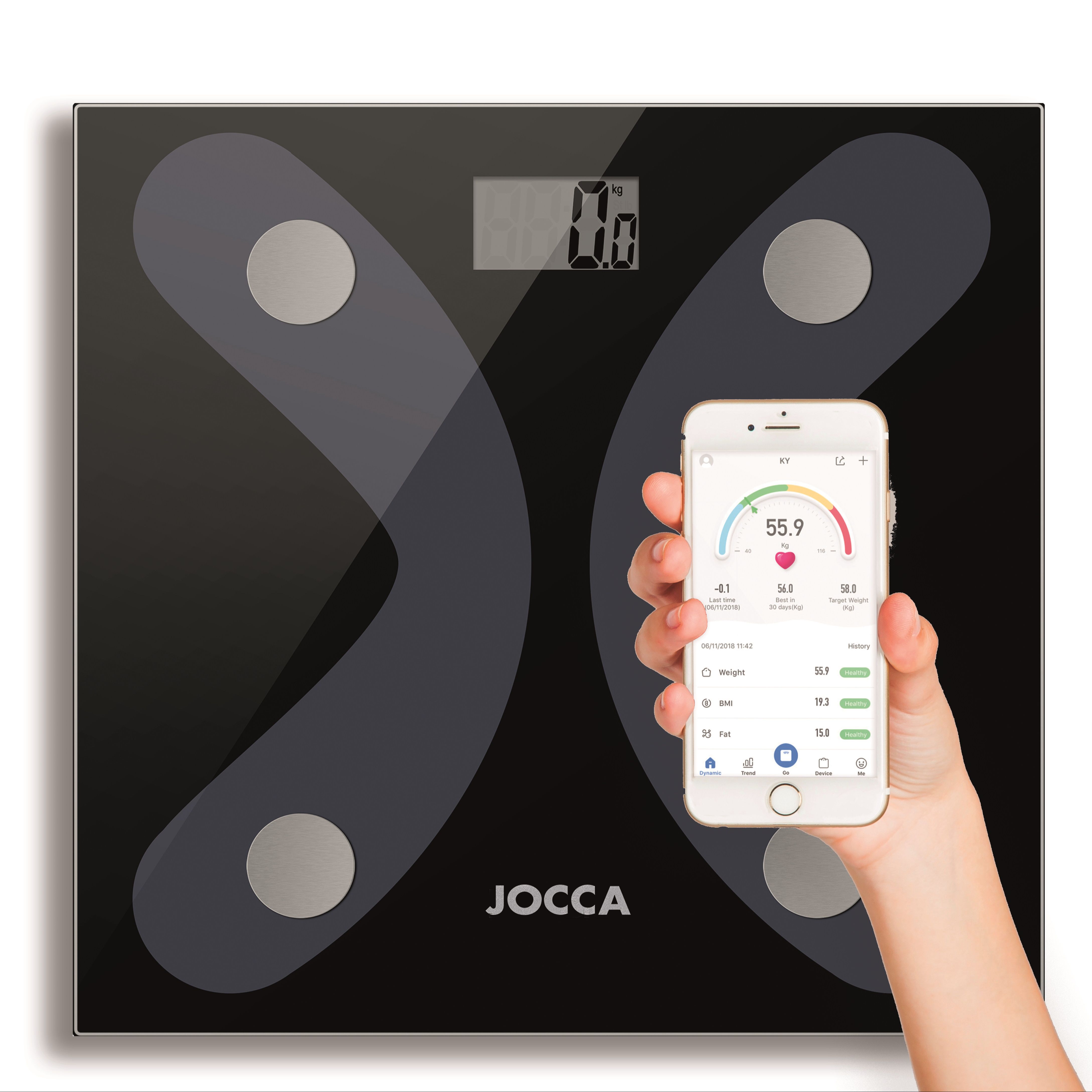 Báscula inteligente Bluetooth JOCCA con App iOS y Android, análisis de grasa corporal, agua, masa muscular, IMC y más – Vidrio templado, alta precisión, memoria para 8 usuarios, pantalla LCD – Compatible con Keep Fit y OKOK – Hasta 180 kg