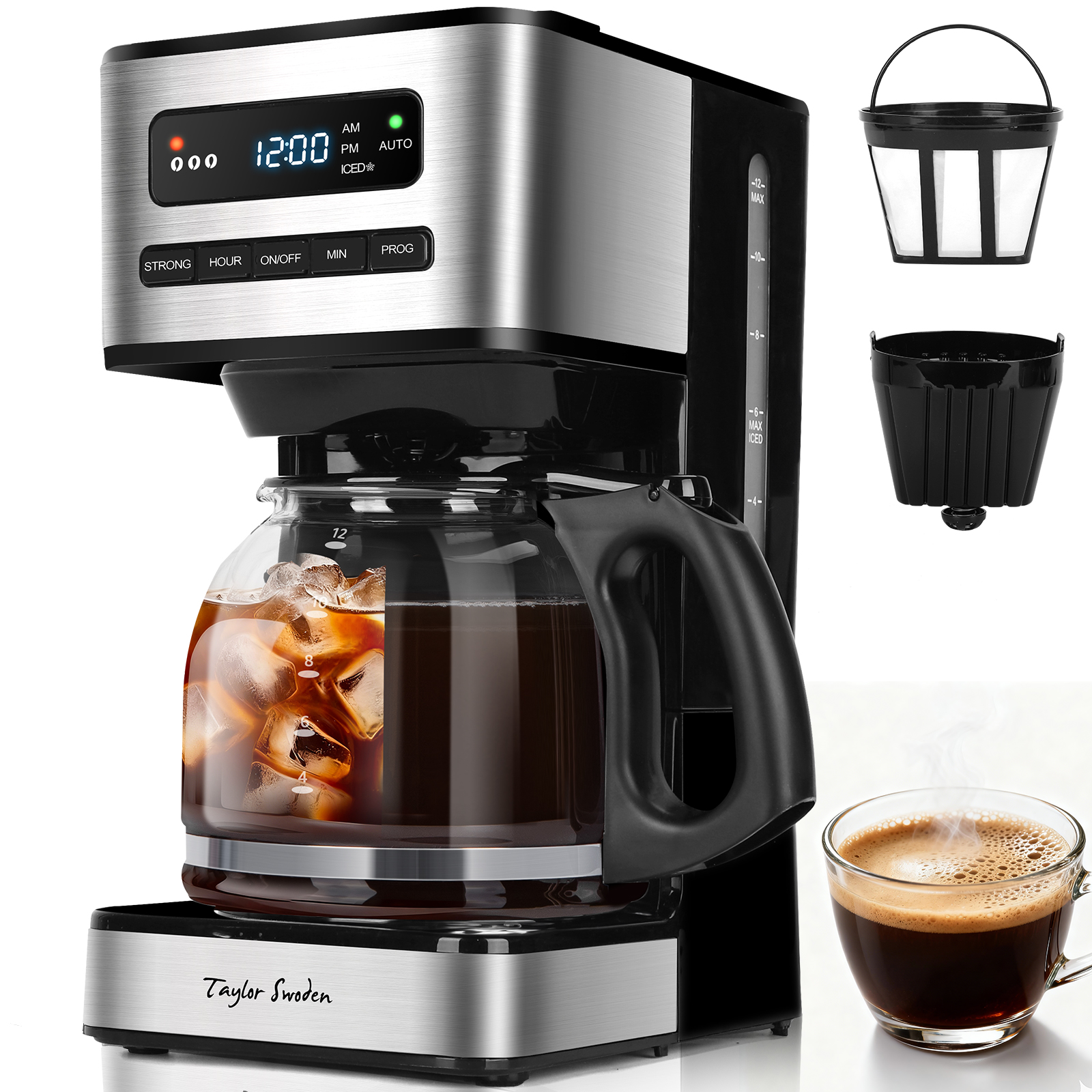 Taylor Swoden Cafetera Automática, 1.8L, con Modo Café Helado y Autolimpieza - Temporizador 24H para Preparar al Despertar, 3 Ajustes de Sabor, Jarra con Antigoteo y Filtro Permanente, Color Negro