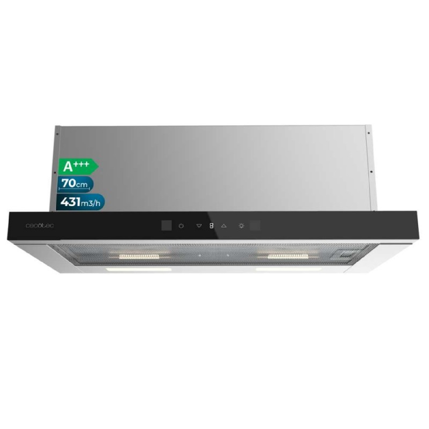 Cecotec Campana Extractora 70cm Telescópica Bolero Flux TLT 704400 Glass Black A+++. Succión 431,2m³/h, Bajo Consumo, Motor DC