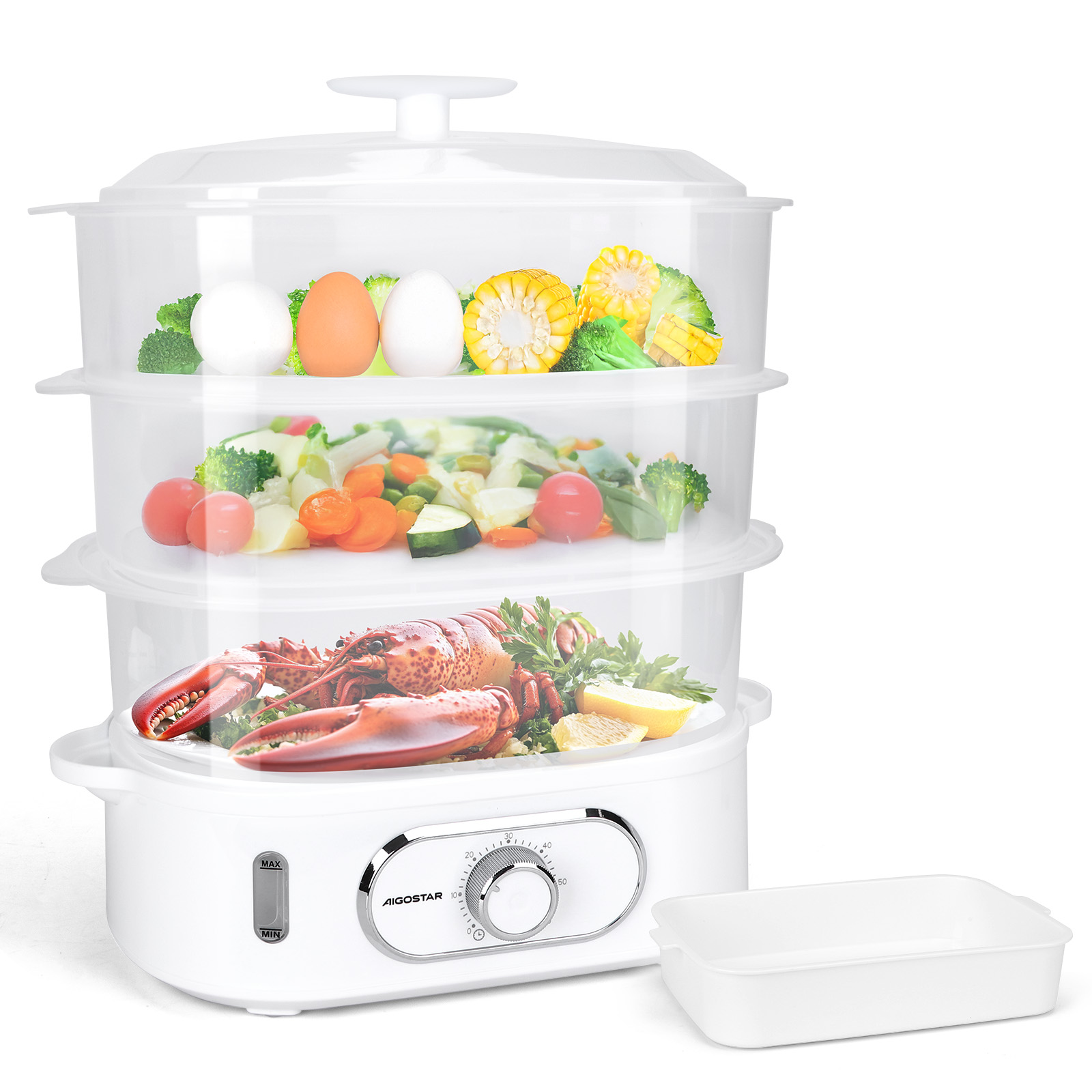 AIGOSTAR Vaporera con Capacidad Total 12L, Temporizador Hasta 60 Minutos, 3 Recipientes Independientes, Soporte Para Cocinar Huevos,Recipiente Para Cocinar arroz.