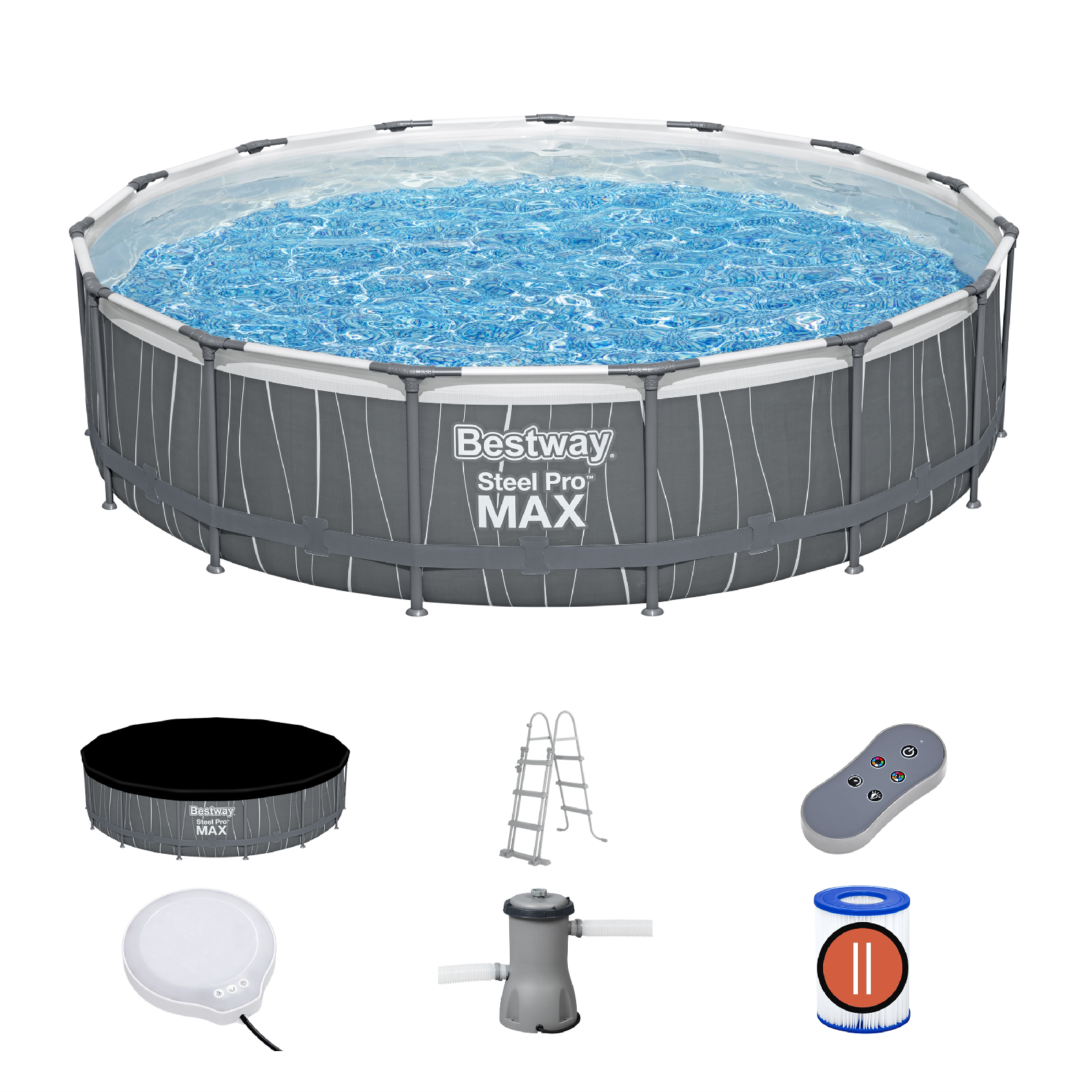 Piscina Desmontable Bestway Steel Pro MAX Ø457x107 Cm con Depuradora de Cartucho 3.028 L/h, Luz LED, Escalera y Cobertor en Gris