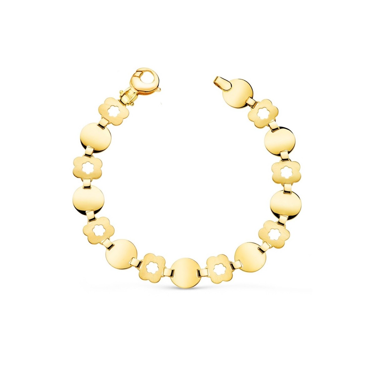 Pulsera oro 18k mujer 19,5 cm. eslabones redondos detalle flor calada mosquetón