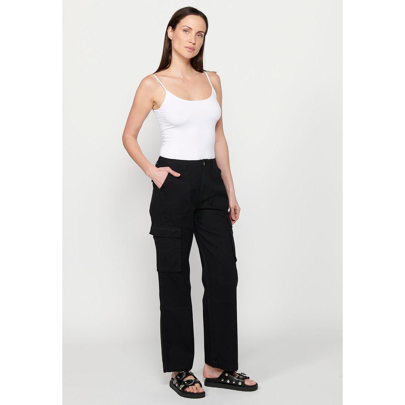 Koroshi - Koroshi Pantalón largo con bolsillos cargo de algodón, color negro para mujer