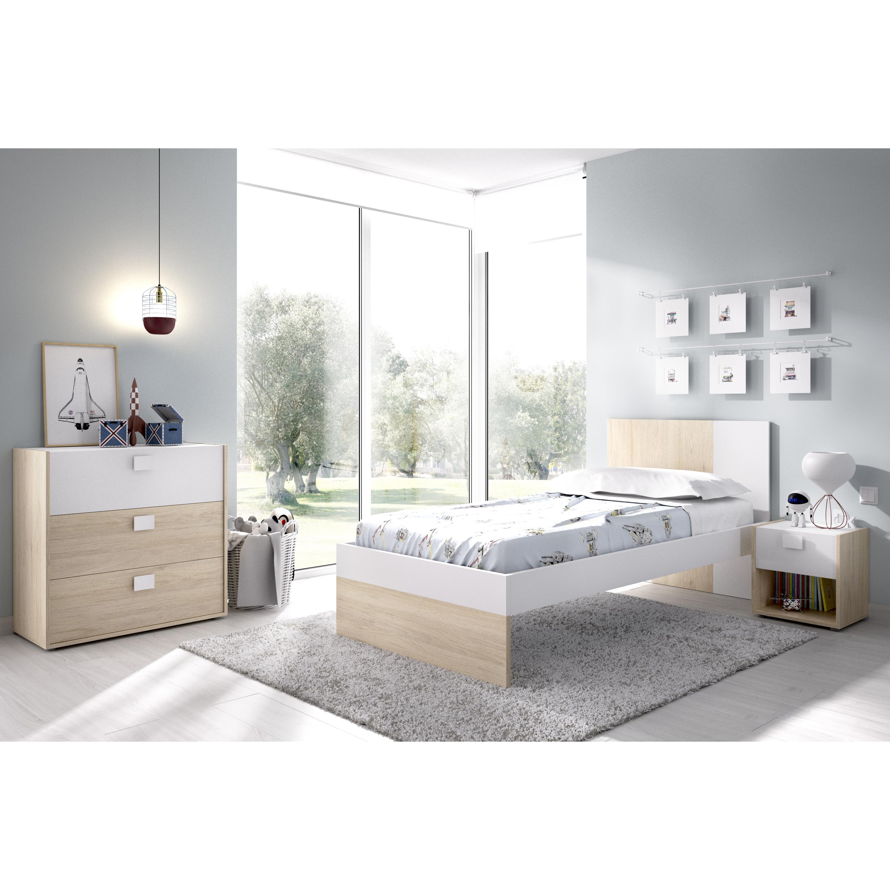 DEKIT GRUPO RIMOBEL DINA PACK - CONJUNTO DE CAMA 190X90, MESITA DE NOCHE Y COMODA DE 3 CAJONES - NATURAL / BLANCO