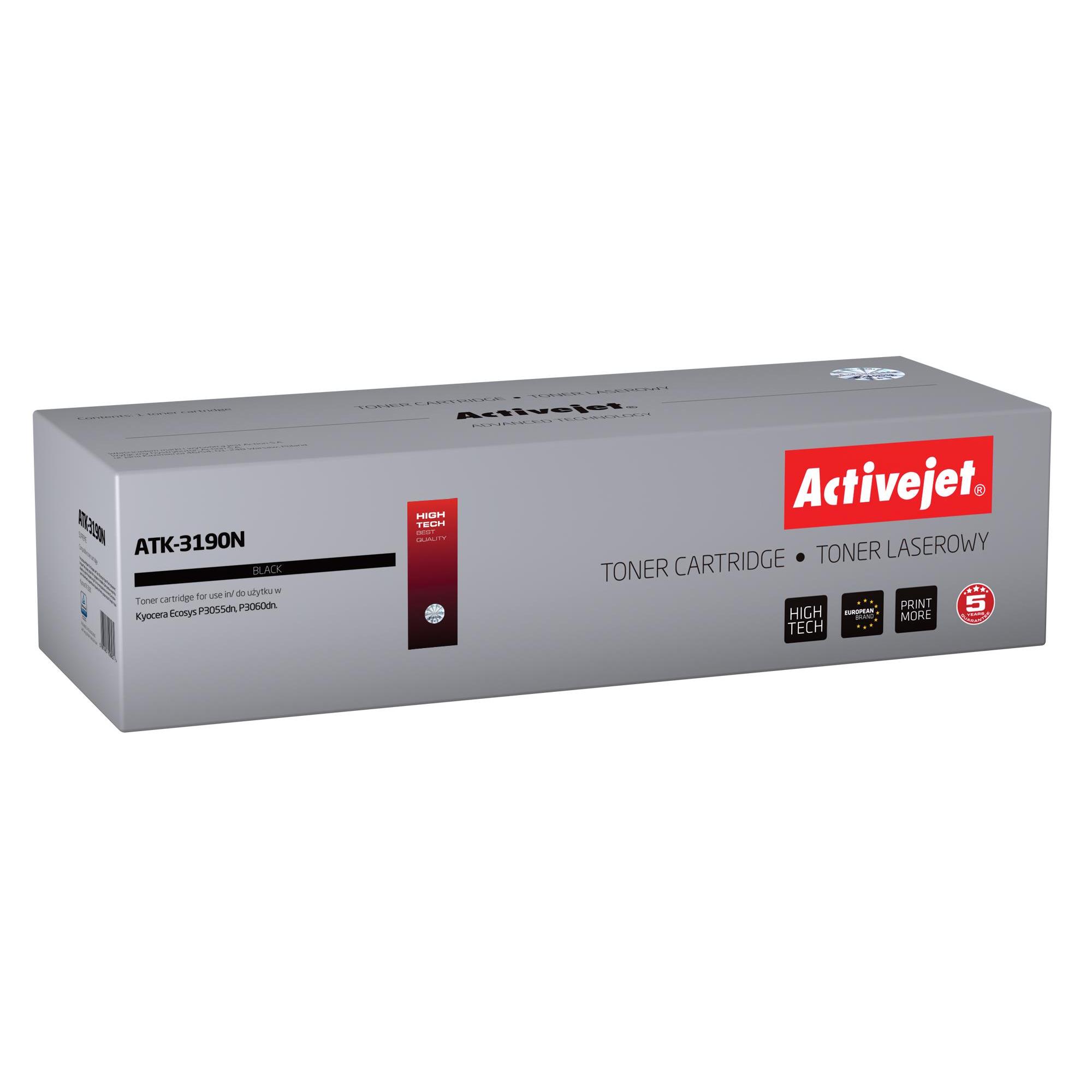Activejet TK-3190 toner cartridge, compatible with Kyocera printers, high yield (XL) for black printing, 25000 pages, single pack, certified ISO 9001 and CE, ideal for Ecosys M3655idn and P3050dn models.