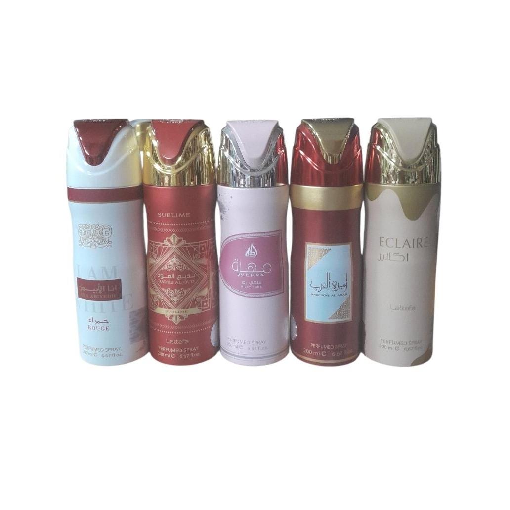 PACK 5 UNIADES - DESODORANTES PARA MUJER - MUSAMAM WHITE , BADDE ROJO 200 ML , MOJRA ROSA 200 ML , AMEERAT AL ARAB , ECLAIRE - LATTAFA  SET 5 UNI