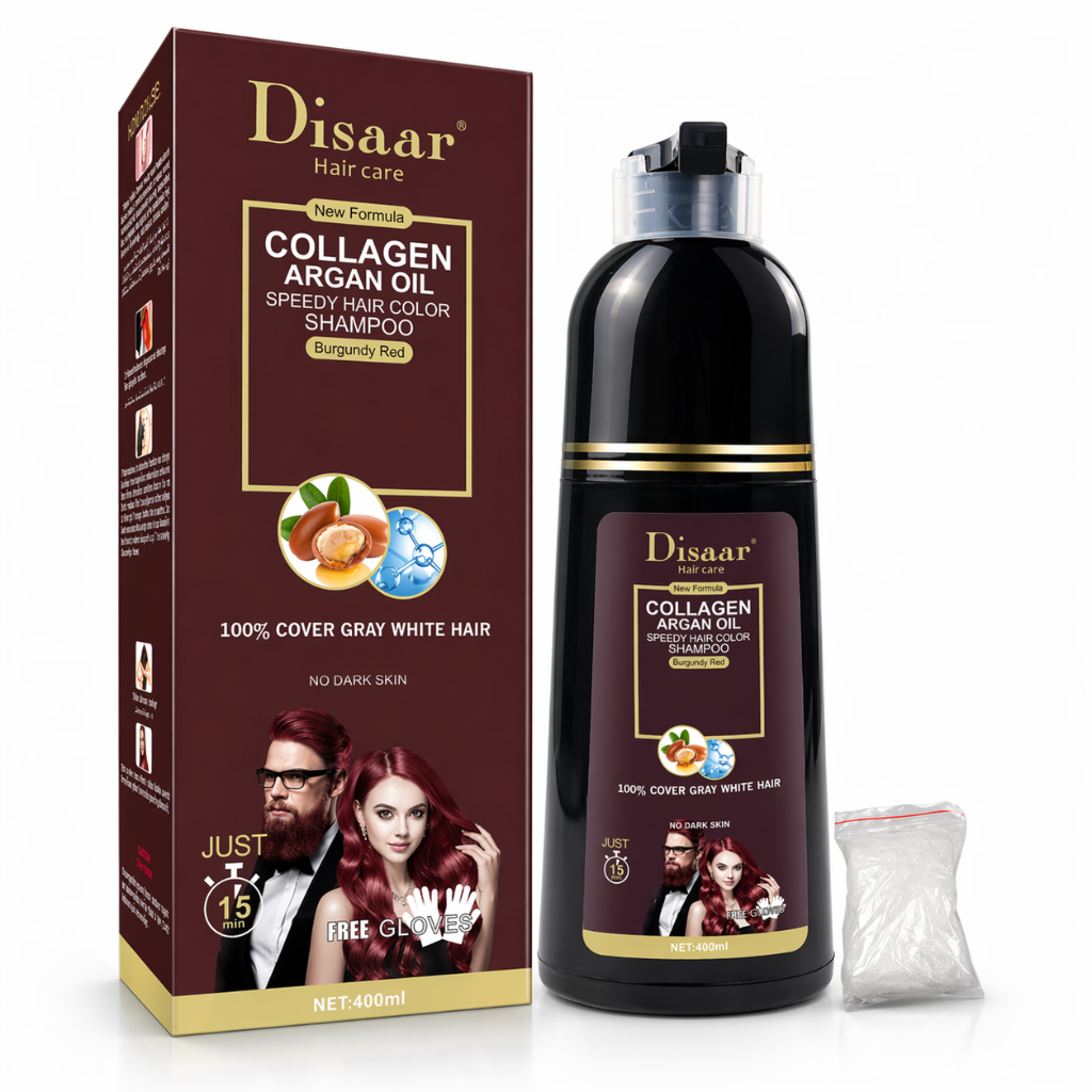 DISAAR– Champú Color Rojo Borgoña con Colágeno y Aceite de Argán para Cabello y Barba 400ml