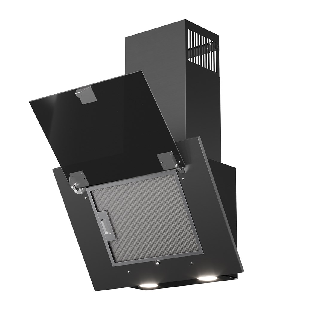 Okap Maan vertical pg 50 matte black kitchen extractor hood with high suction and adjustable angle, CE certified, 3-year warranty for effective smoke removal.