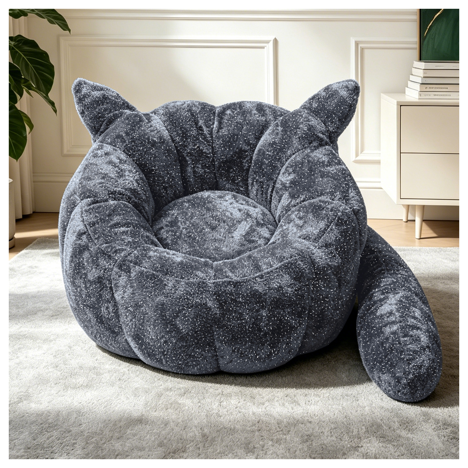 Fauteuil pouf renard gris en flanelle étoilée, bean bag animal doux pour chambre et salon