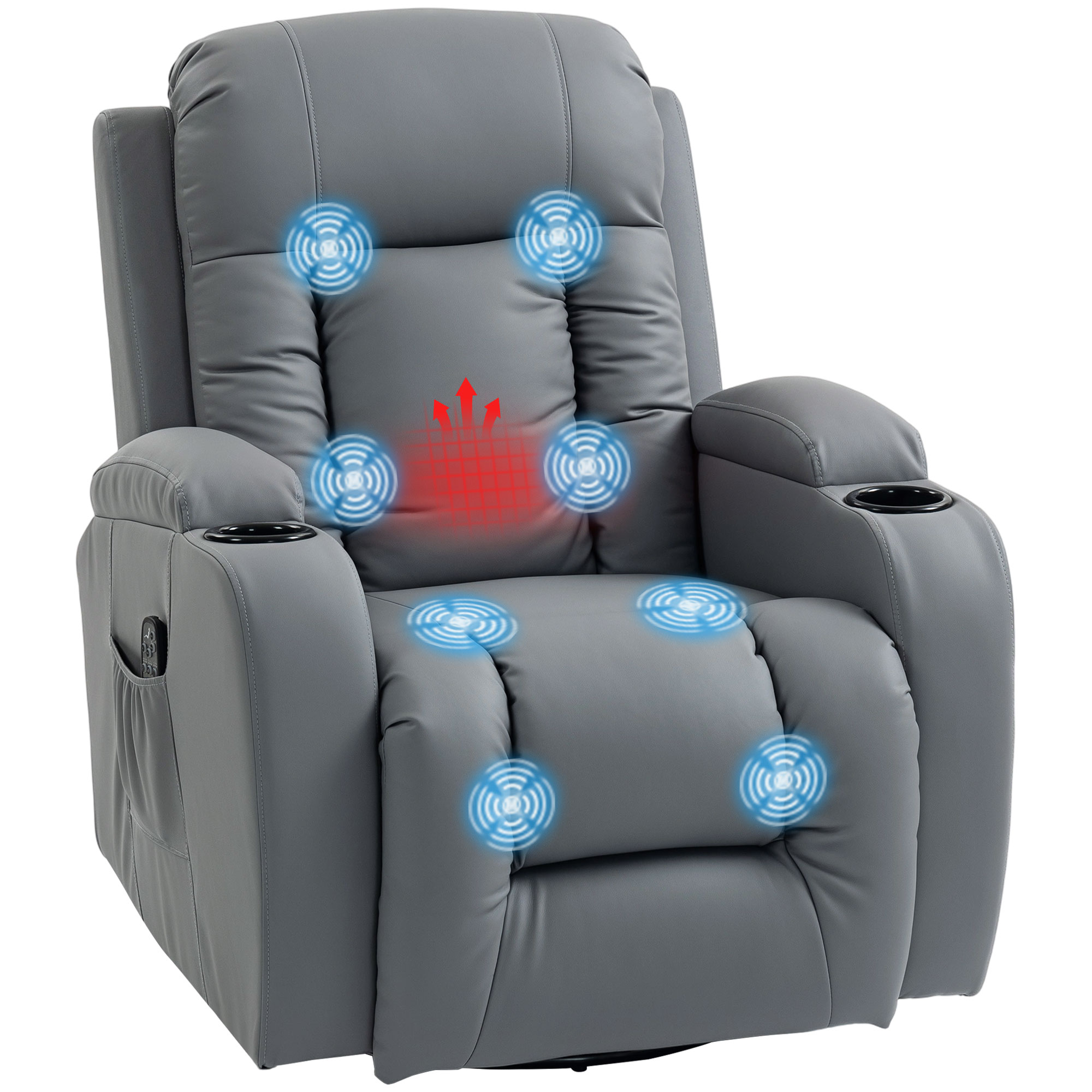 HOMCOM Sillón de Masaje Giratorio, Sillón Relax Reclinable con 8 Puntos de Masaje, Función Calefacción Lumbar, Mando a Distancia, Tapizado en PU, Reposapiés, Bolsillo Lateral, Función Basculante Gris