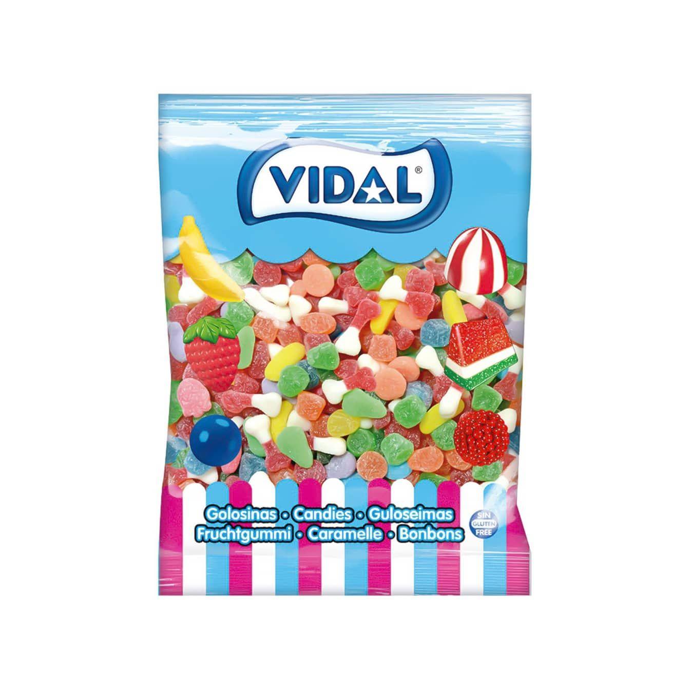 Golosinas Vidal Mini Mix bolsa 1 Kg - Mix de mini golosinas para que puedas disfrutar de ellas en cualquier momento. Deliciosos sabores a fresa,pera,piña,plátano,naranja y frambuesa. Para compartir con tus niños o disfrutar en tus momentos de ocio