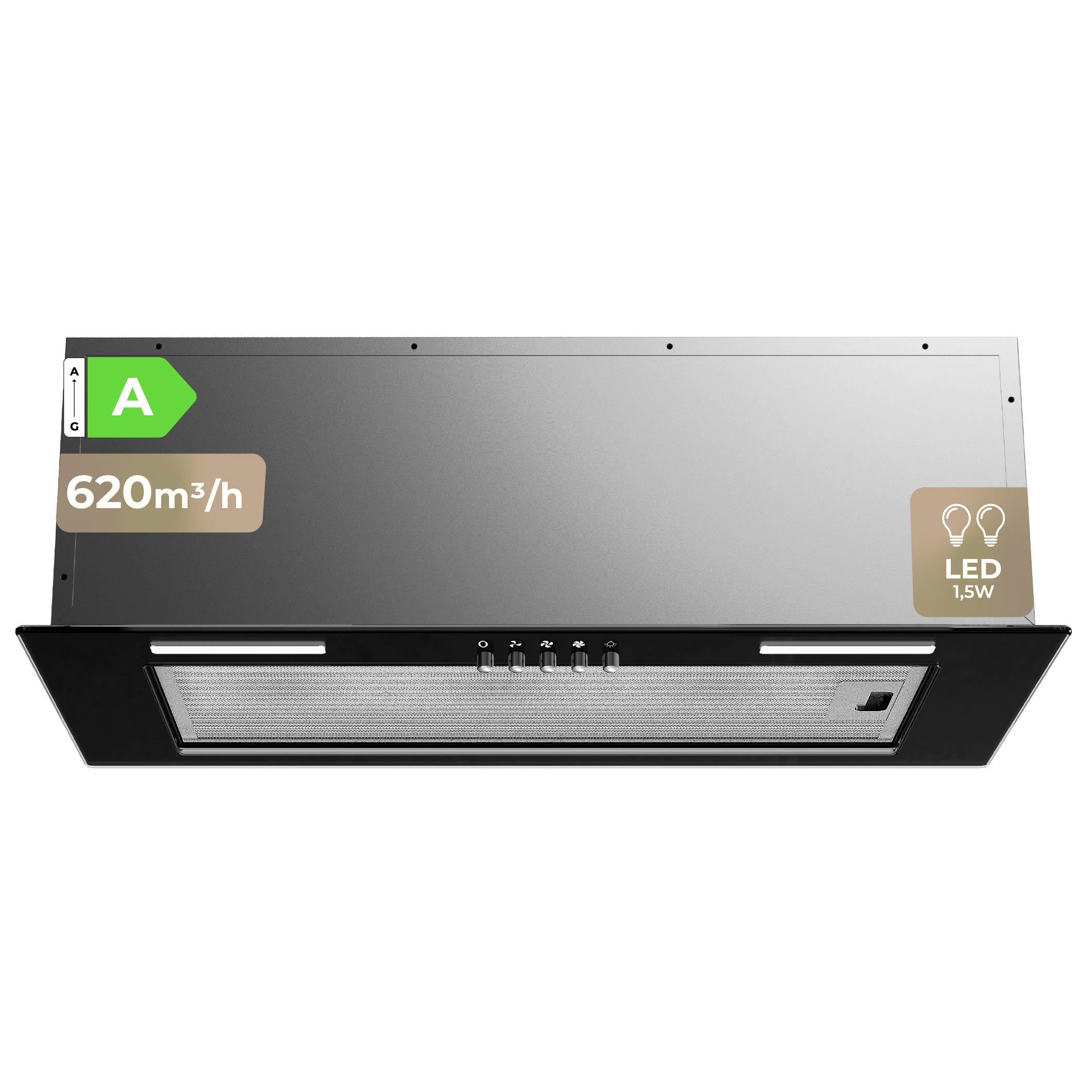 EVVO - Campana extractora CEi50 Black 60 cm con motor 70W, filtrado dual aluminio y carbón activo, control analógico, potencia de succión 620 m³/h, clase A