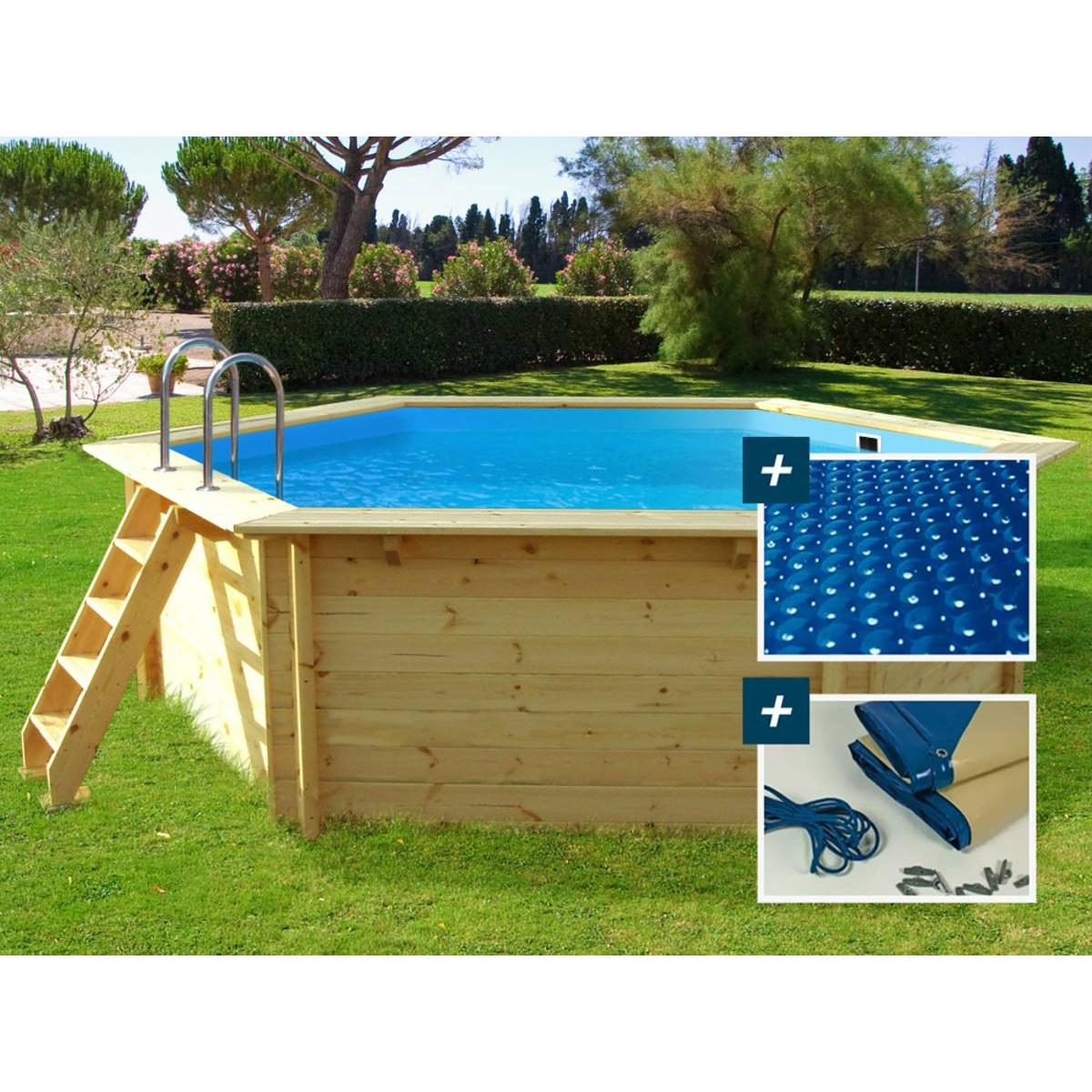 Habitat y Jardin - Piscina de madera "Hawai" - 4,10 x 1,20 m + cubierta con burbujas 180 + cubierta de invierno 280 gr/m²