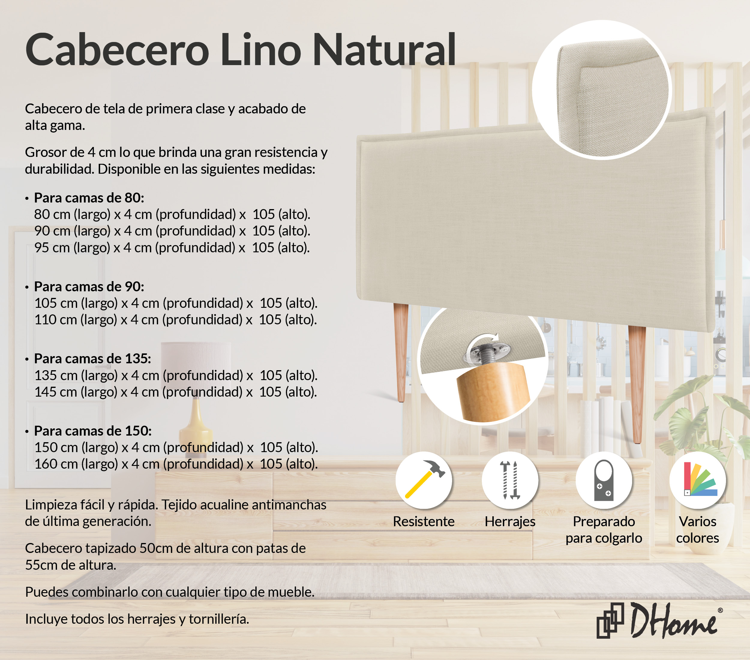 DHOME Cabecero de Lino Natural Liso Cabezal Tapizado Cama Dormitorio  Moderno Top Trending (Verde, 190cm Dual (Camas 180/190))
