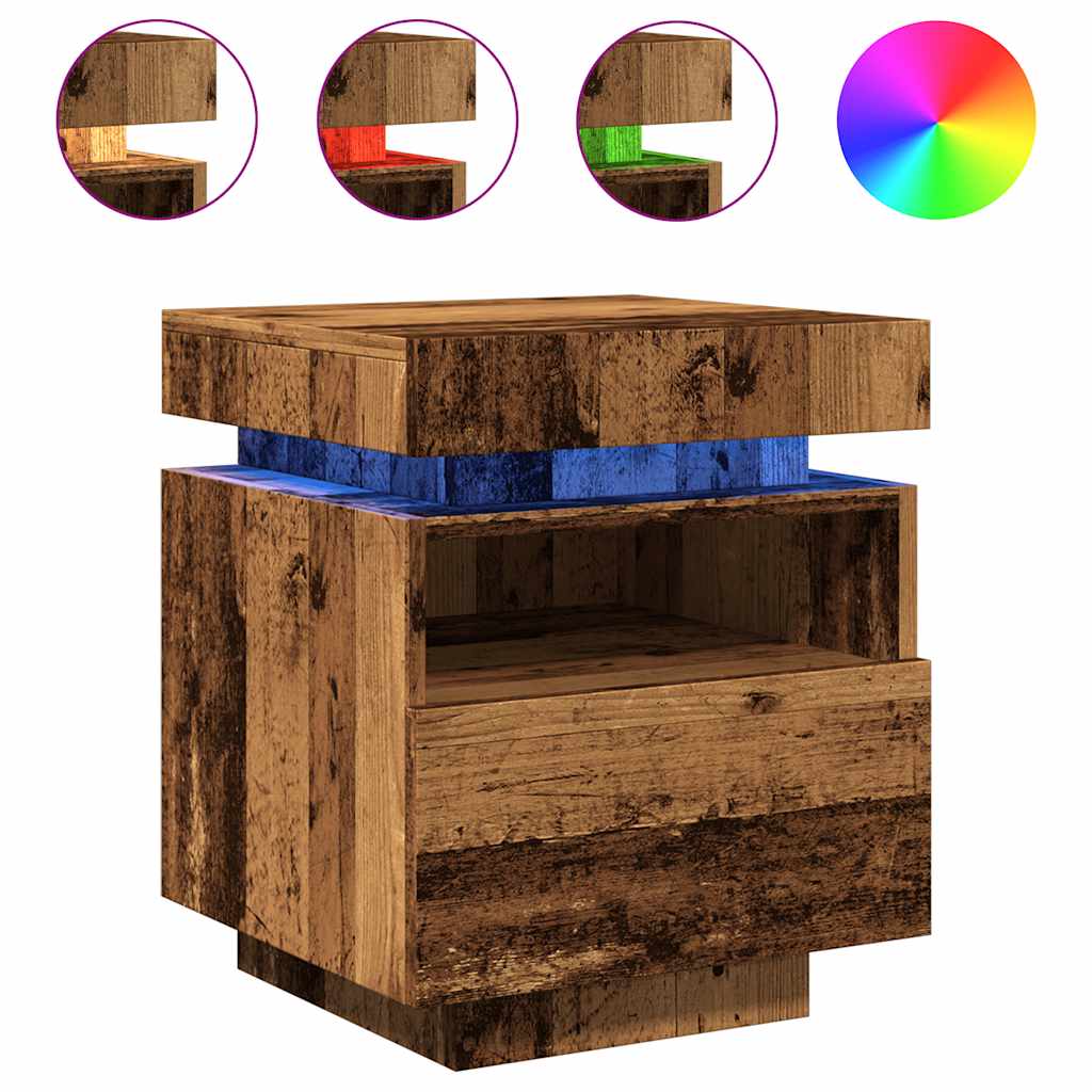 vidaXL Mesita de noche con luces LED madera envejecida 40x39x48,5 cm