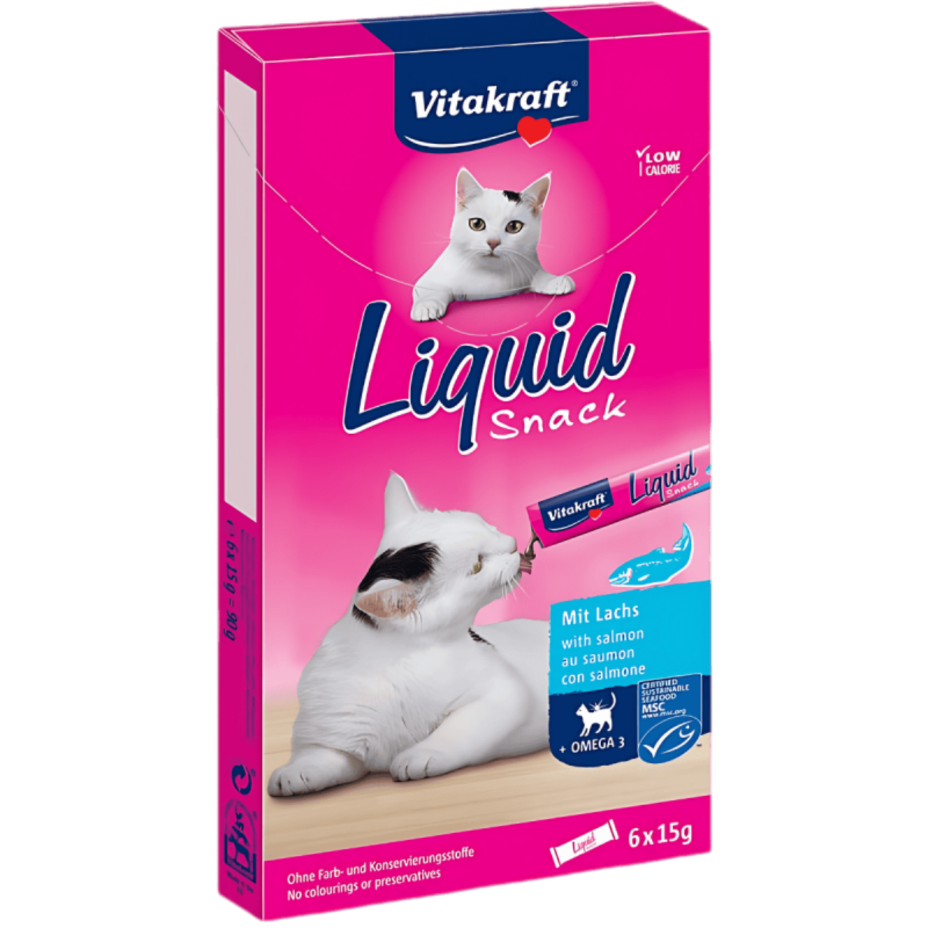 Vitakraft Snack Líquido para Gatos con Salmón y Omega 3, 90 g - Bajo en Calorías, sin Conservantes Artificiales