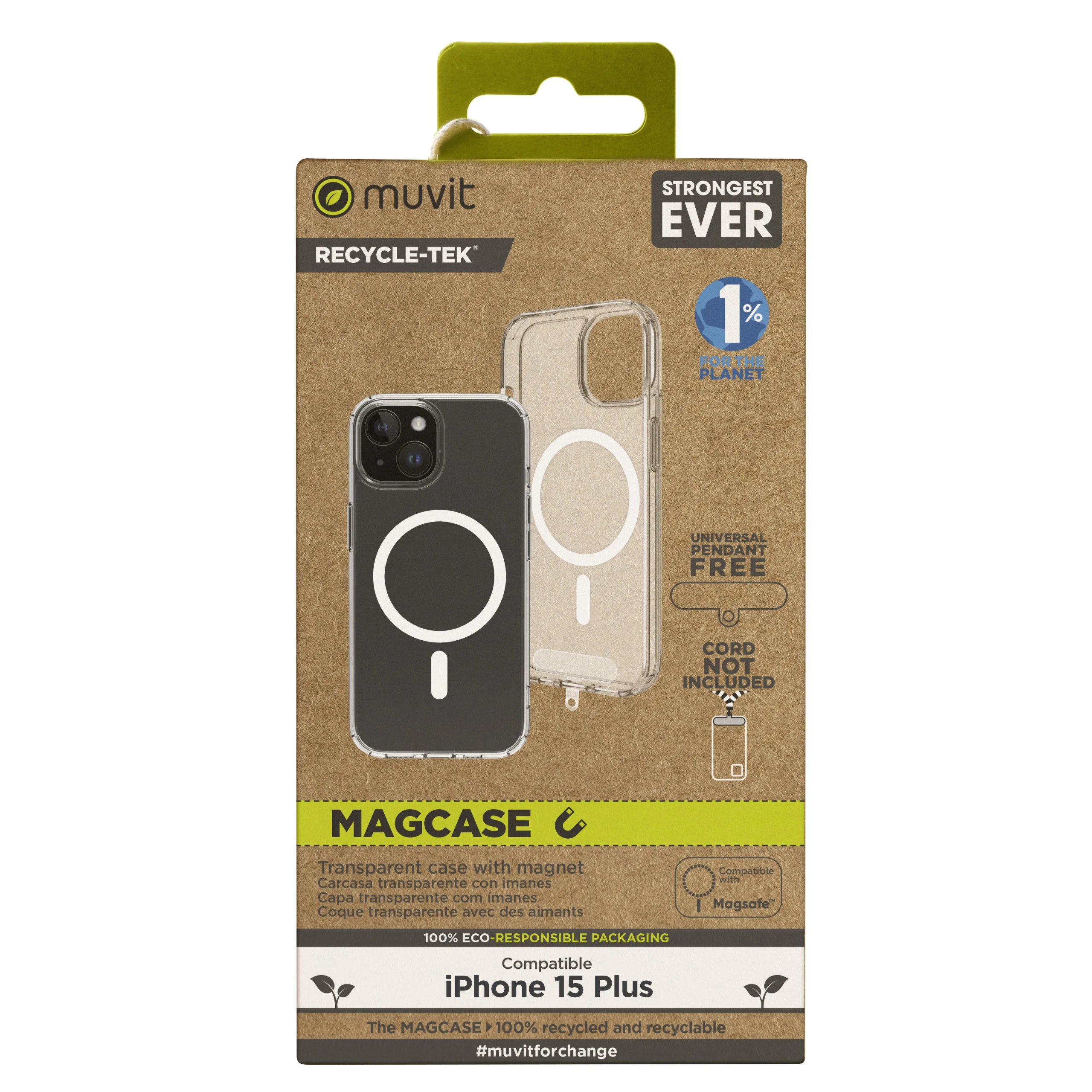 Muvit - Funda para iPhone 15 Plus MCBKC0296 transparente con protección contra golpes y arañazos, compatible con MagSafe y fabricada con materiales reciclados
