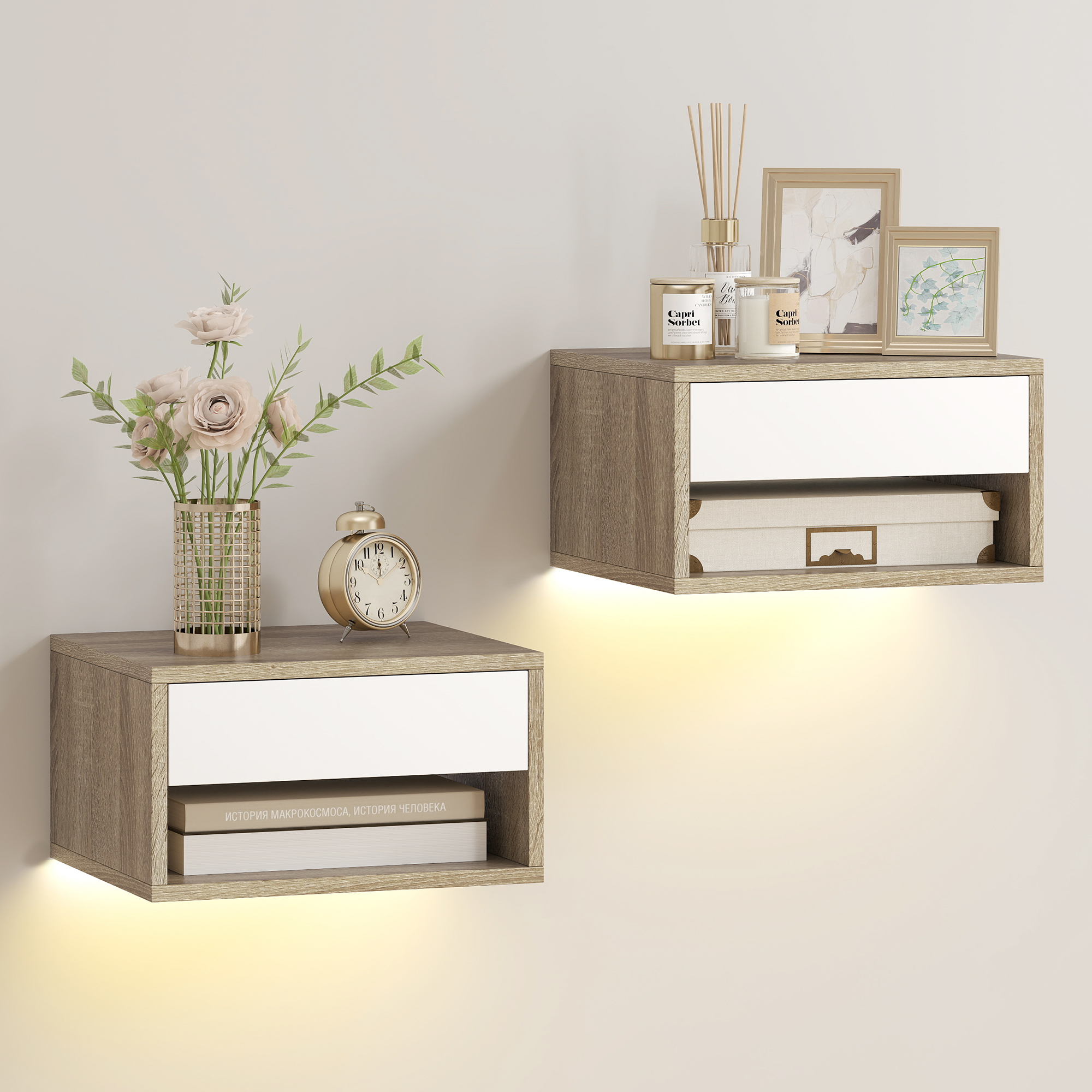HOMCOM Juego de 2 Mesitas de Noche Flotantes con Luces LED RGB Control de APP, Mesillas de Noche Dormitorio con Cajón, Estante Abierto, para Sala de Estar, 37x32x21 cm