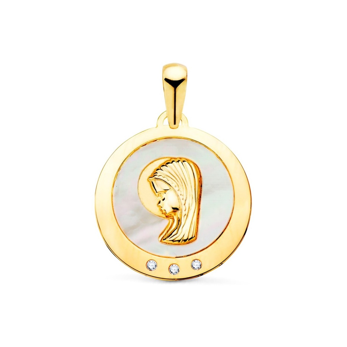 Medalla oro 18k Virgen Niña 14mm. fondo nácar cerco liso detalle circonitas