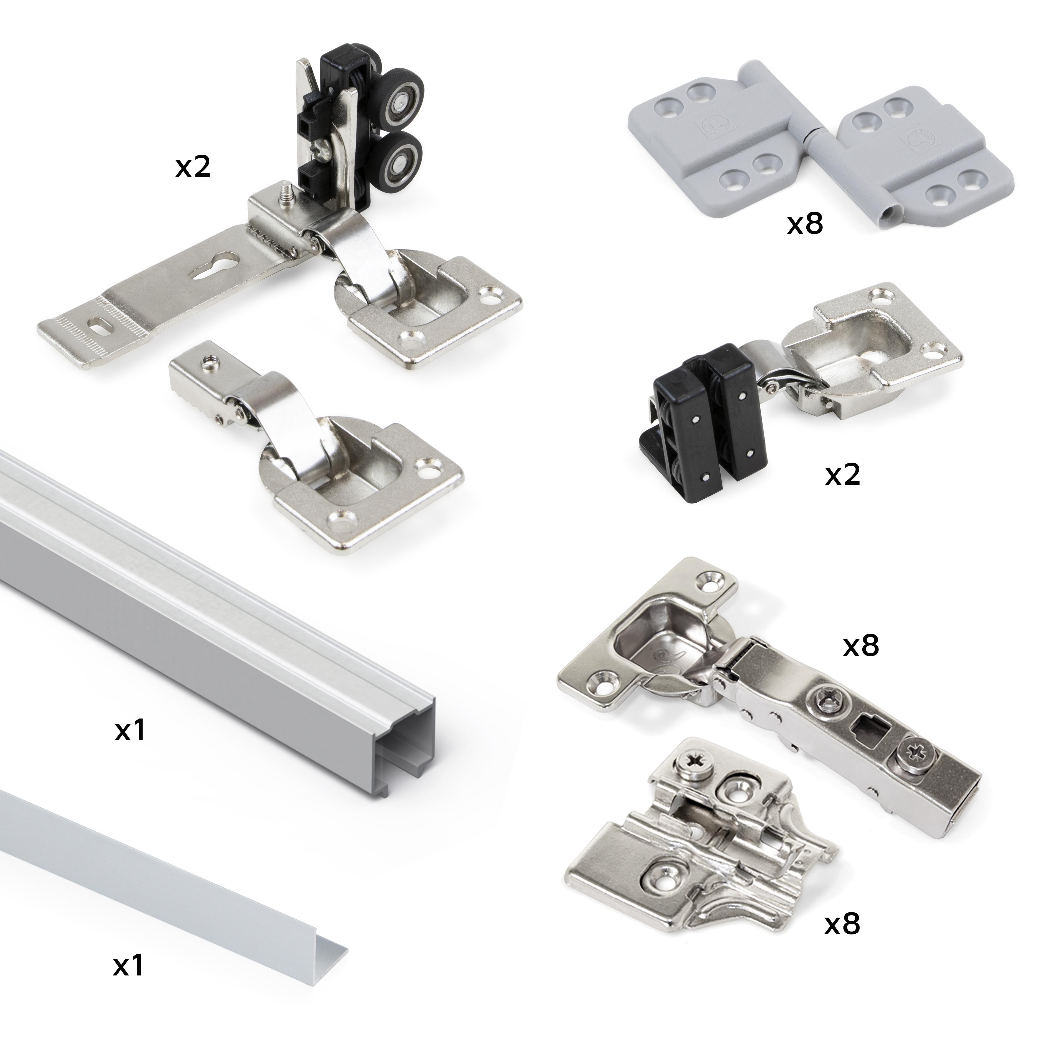 Kit de herrajes para armario de 2 puertas correderas plegables y cierre suave twofold, para 4 tableros no incluidos, con guiador, anodizado mate