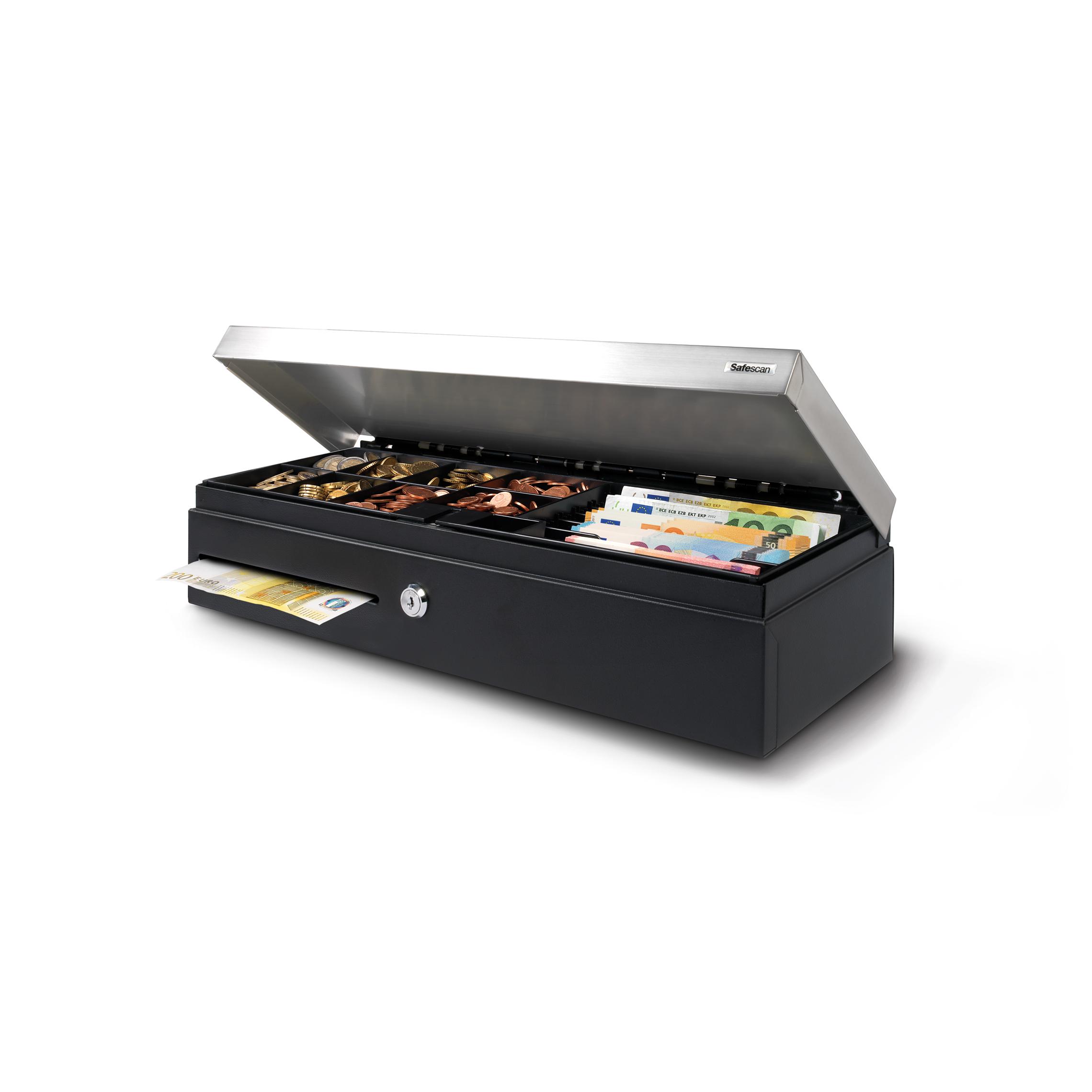 Cajón portamonedas Safescan Sd-4617s con cerradura dedos posiciones de  46 cmx17 cm x 10 cm  con apertura eléctrica y llave