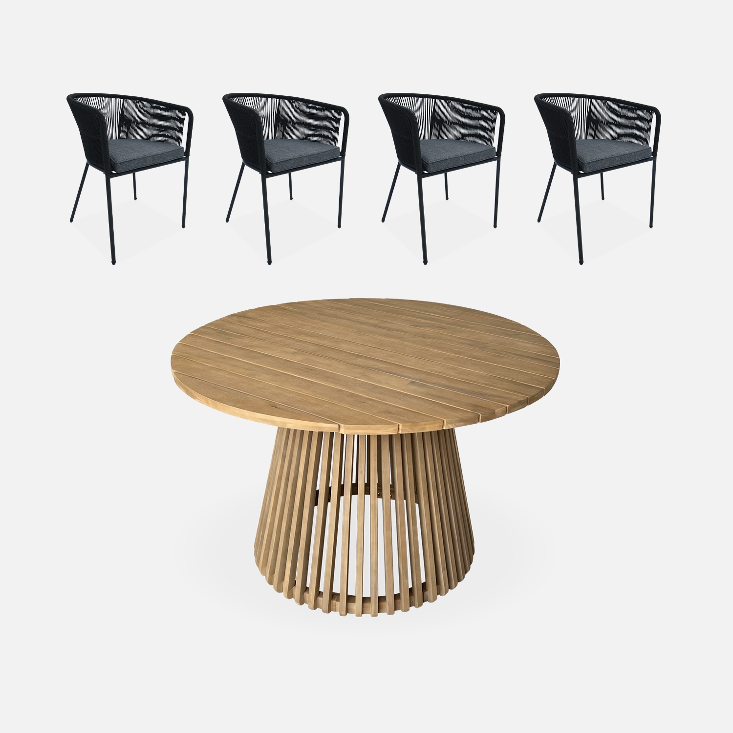 sweeek - Mesa de comedor redonda de madera, interior/exterior + 4 sillones de cuerda y acero, Oviedo + Santos, 120x120x75 cm