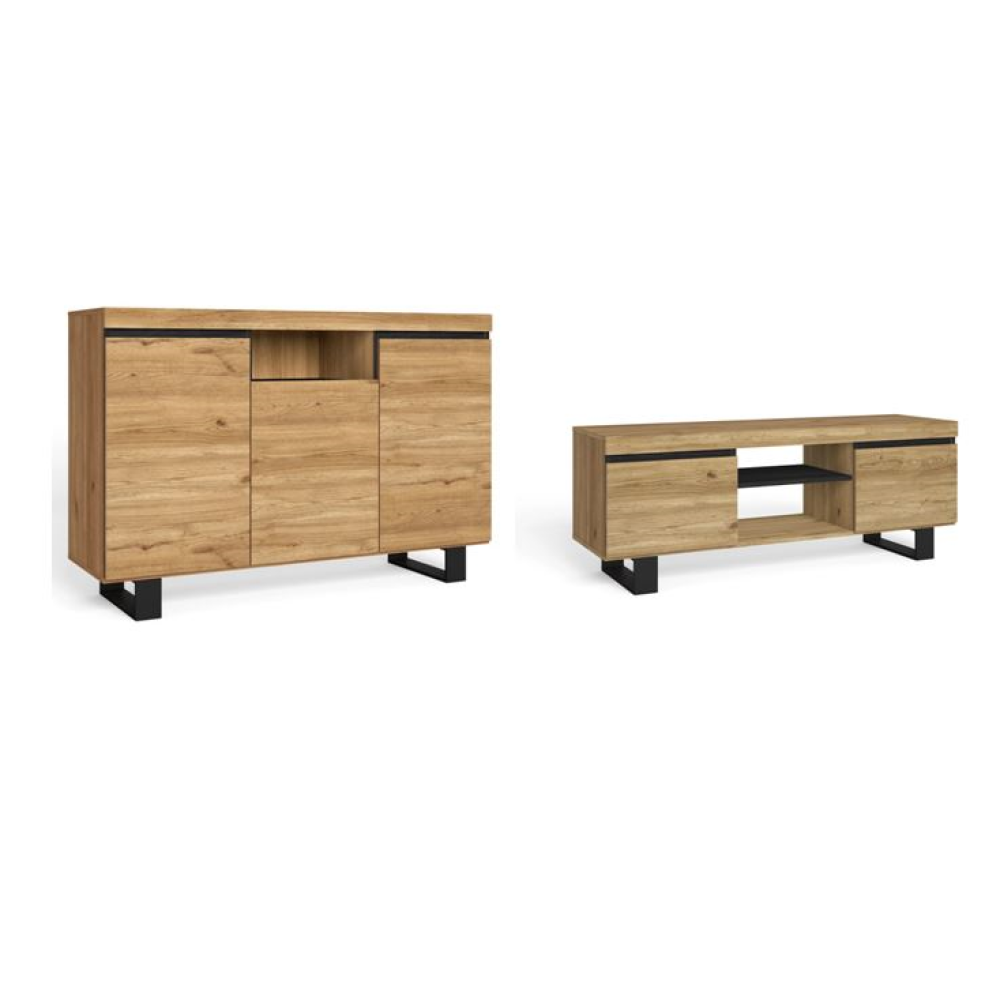 Skraut Home - Set Naturale salón Comedor con patas, Mueble Auxiliar,  Buffet y Mueble TV 120cm, color roble y negro nórdico
