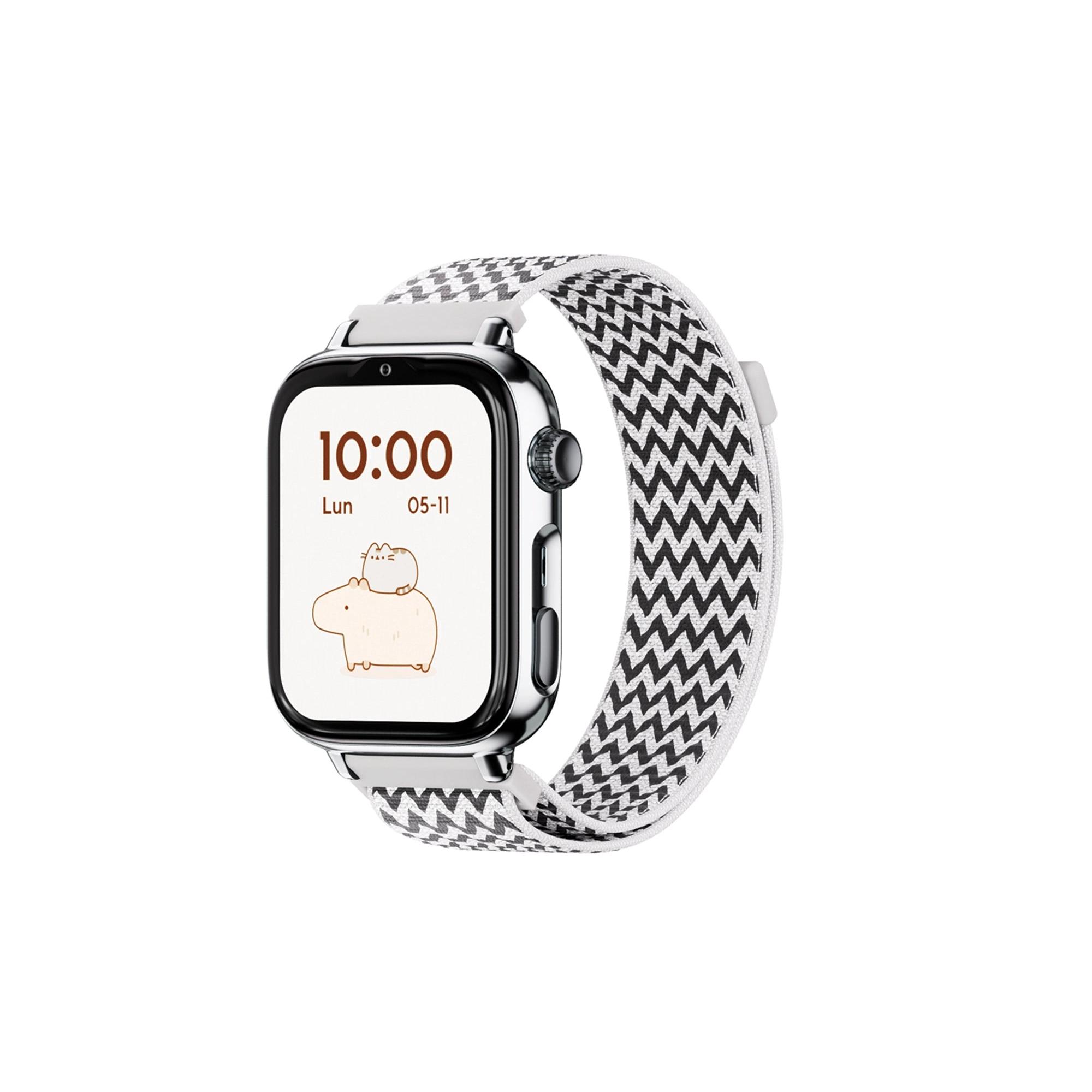 SaveFamily SaveWatch Plus 2 Reloj Inteligente Niño con Localizador GPS, Inteligencia Artificial, IA, Llamada, Vídeo, Whatsapp, Spotify, App Store Carcasa Plata y Correa Tela Color Zig Zag SmartWatch Save Watch NO INCLUYE SIM