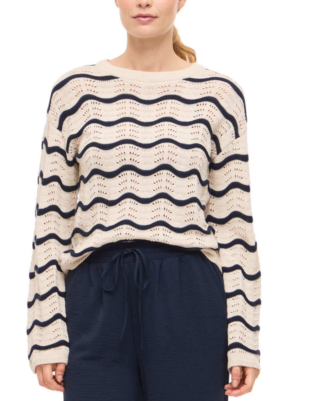 Jersey punto fino Vila Wave beige lineas marino para mujer