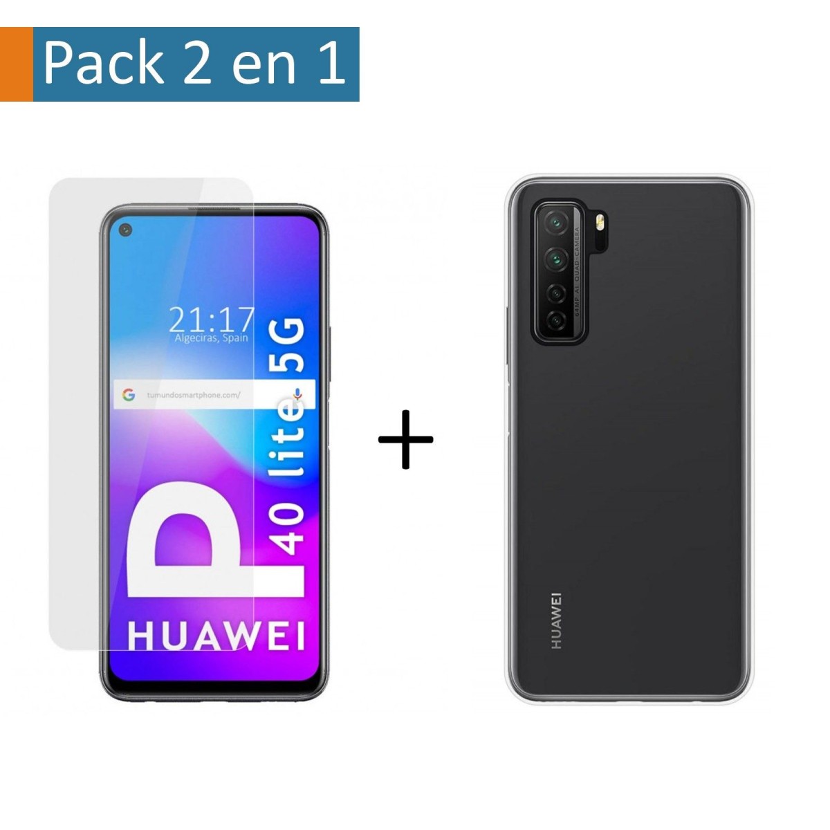 Tumundosmartphone Pack 2 en 1 Funda Gel Transparente + Protector Cristal Templado para Huawei P40 Lite 5G - Protección Completa