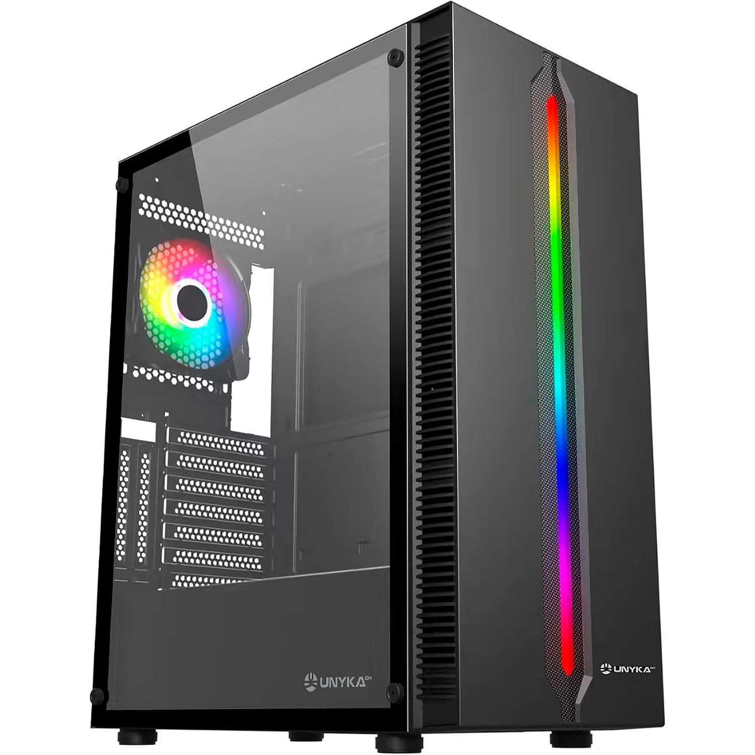 UNYKAch Caja Gaming ATX Armor Lumina Black con Frontal con Tira de Led ARGB, Rejillas Verticales de Refrigeración, Panel Lateral de Vidrio Templado y un Ventilador ARGB de 120 mm