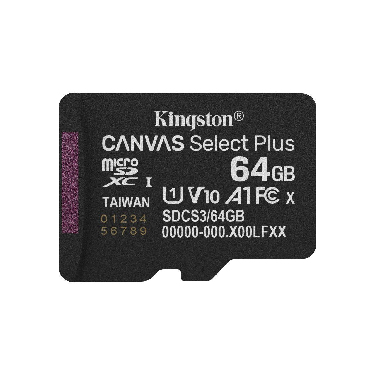Kingston - Tarjeta de memoria microSDXC Canvas Select Plus Gen3 64 GB Clase 10 UHS-I con lectura hasta 100 MB/s para smartphones y cámaras deportivas