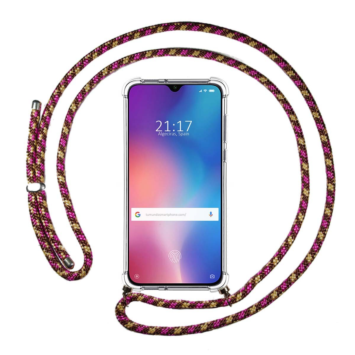 Tumundosmartphone Funda Colgante Transparente para Xiaomi Mi 9 SE con Cordon Rosa / Dorado