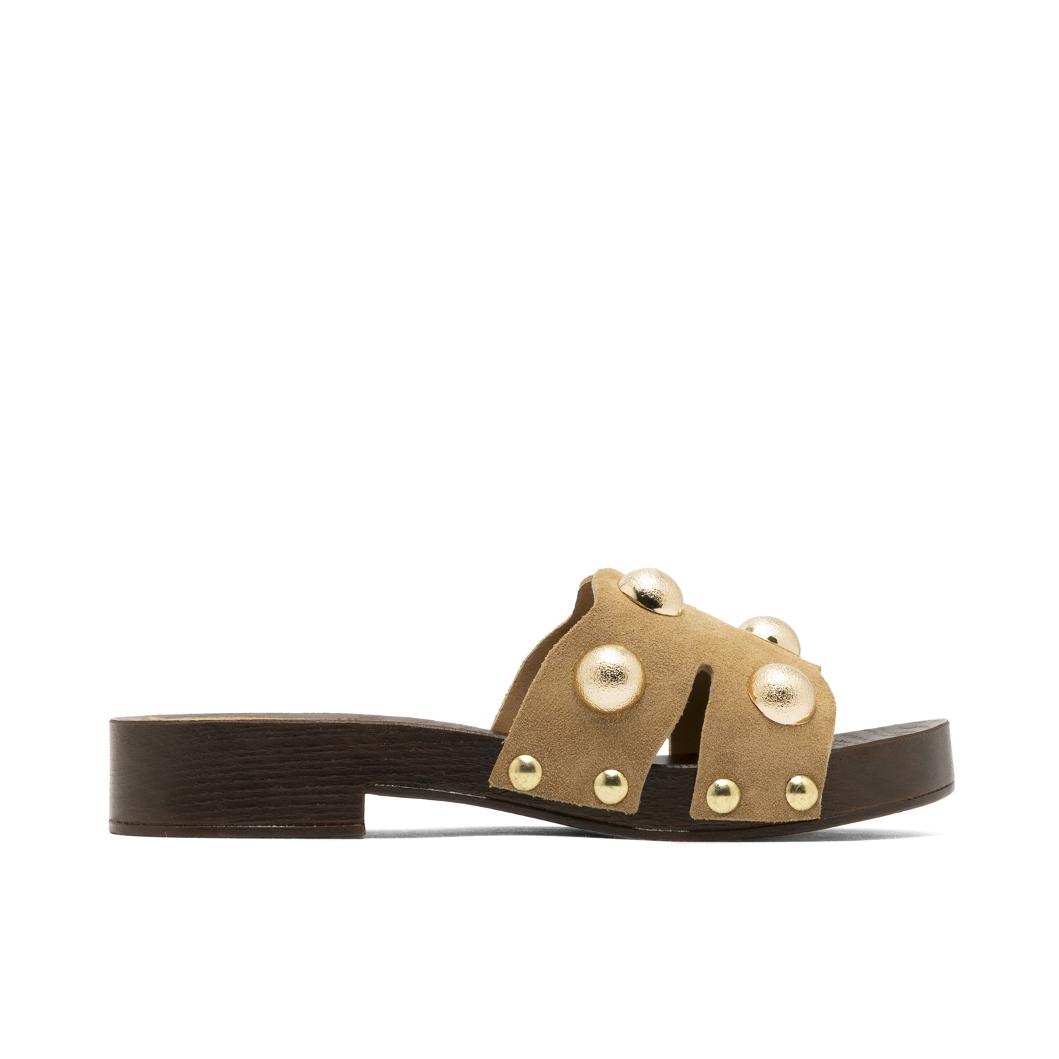 Sandalia de Tacón Bajo de Piel con Tachuelas Gianna Camel, Estilo Zueco Artesanal Español, Elevación Cómoda de 3 cm y Plataforma de 2,5 cm, Plantilla Acolchada para Máximo Confort, Suela Antideslizant