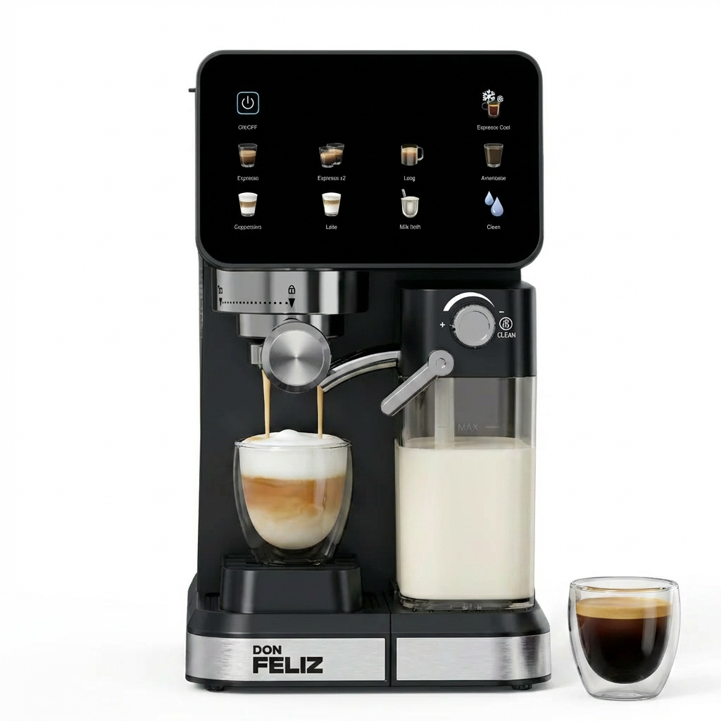 DON FELIZ Cafetera Espresso Semiautomática 20 Bar 1350W con Pantalla LCD, Depósito de Leche 500ml, Compatible Nespresso, Café Frío y Caliente, Freddo Espresso, Cappuccino, Americano, Depósito Agua 1.5L, Autolimpieza