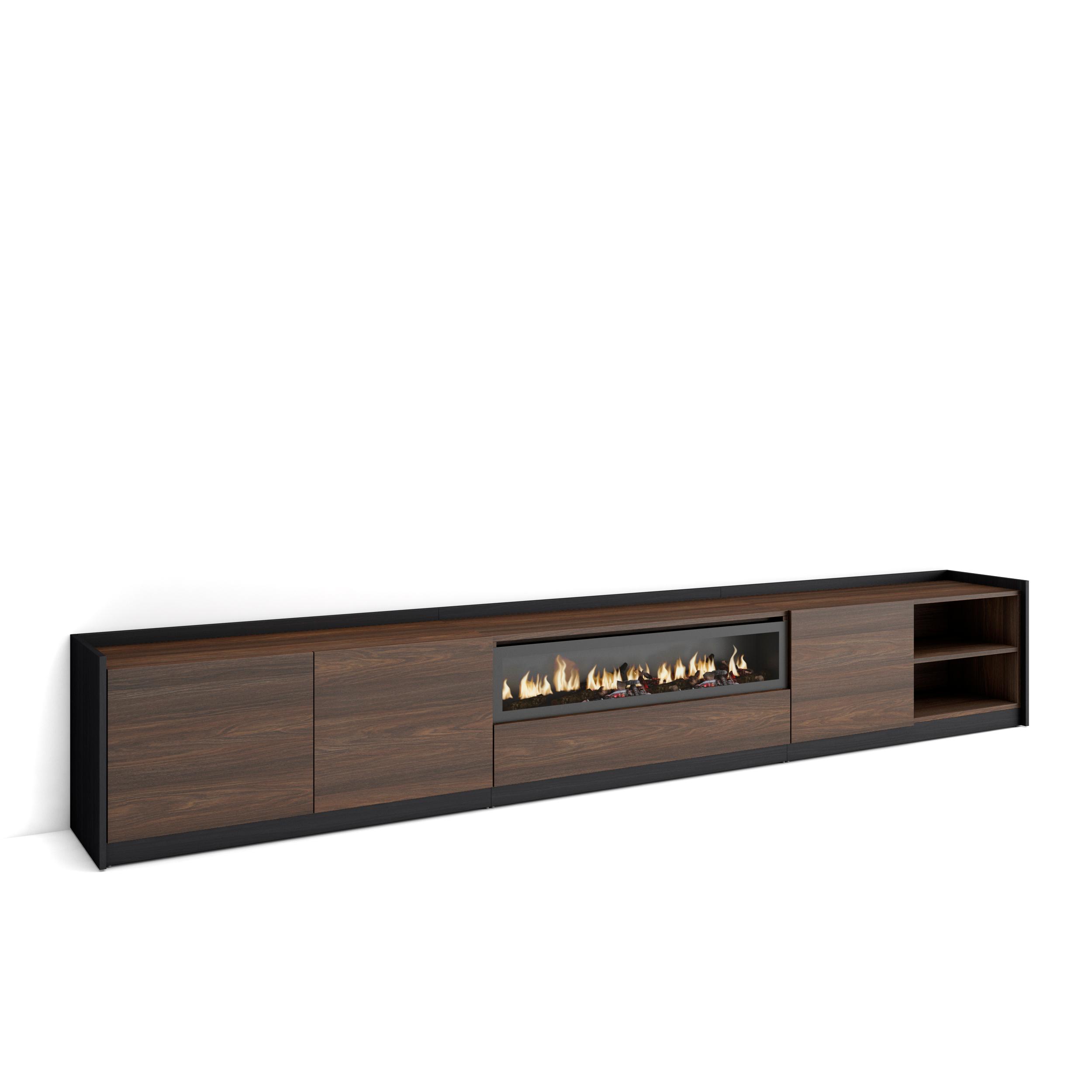 Skraut Home, Mueble TV, Televisión, Muebles de salón, almacenaje, 310x37x50 cm, Para TV hasta 80", Chimenea eléctrica